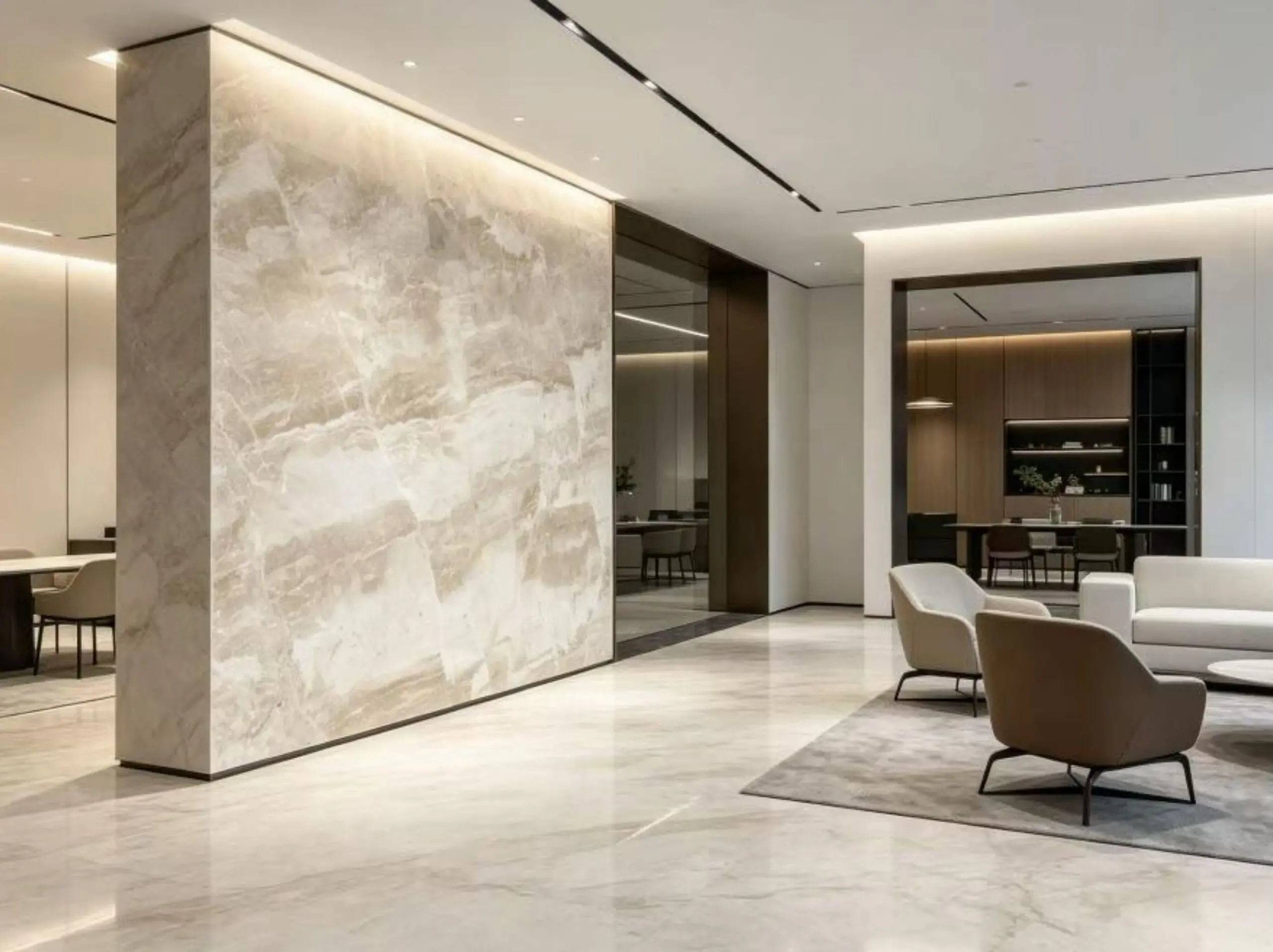 Daino Royal Marble modern lobby feature wall with large format beige stone panels