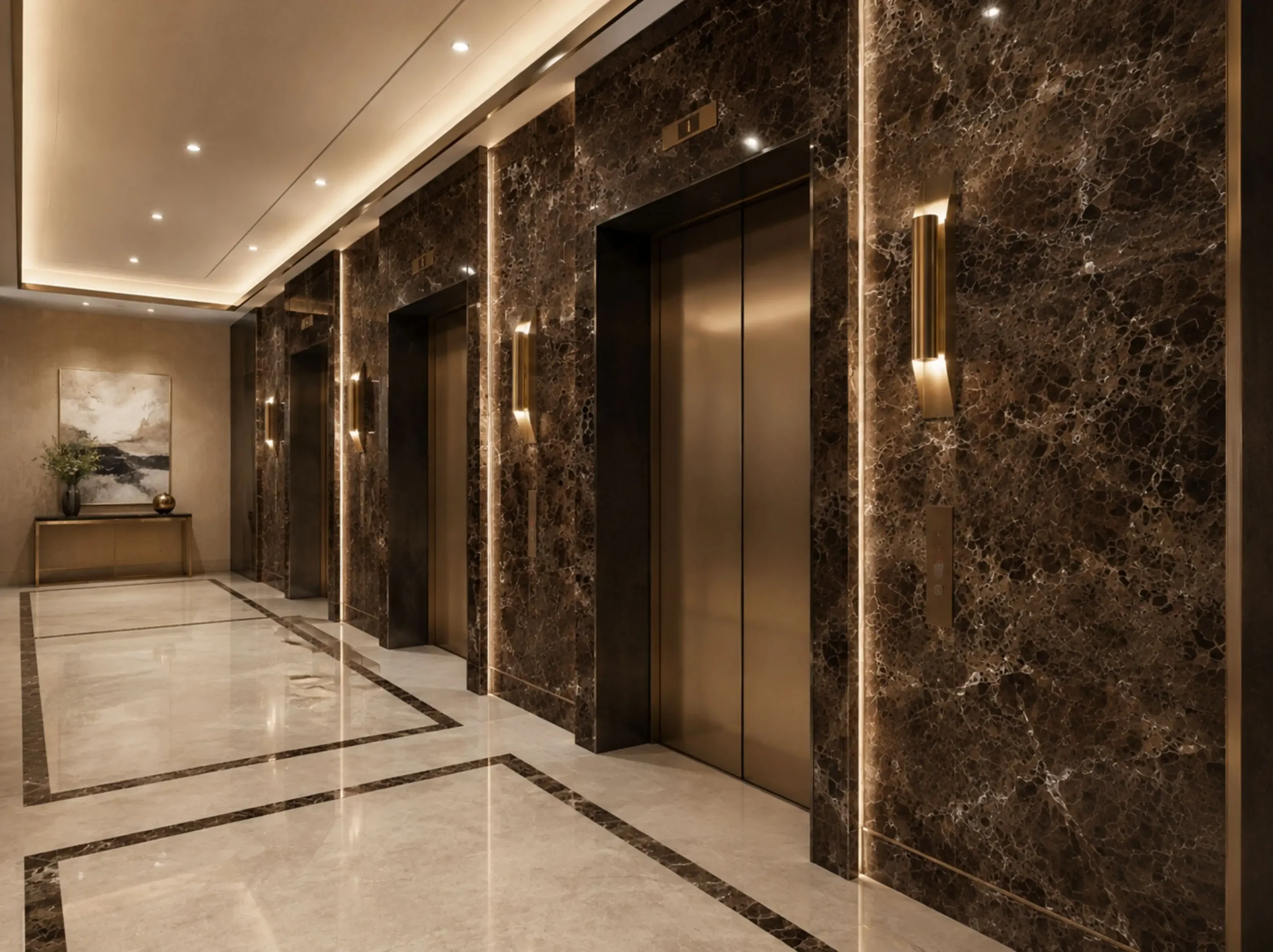 Dark Emperador Marble elevator lobby wall cladding for a luxury interior project