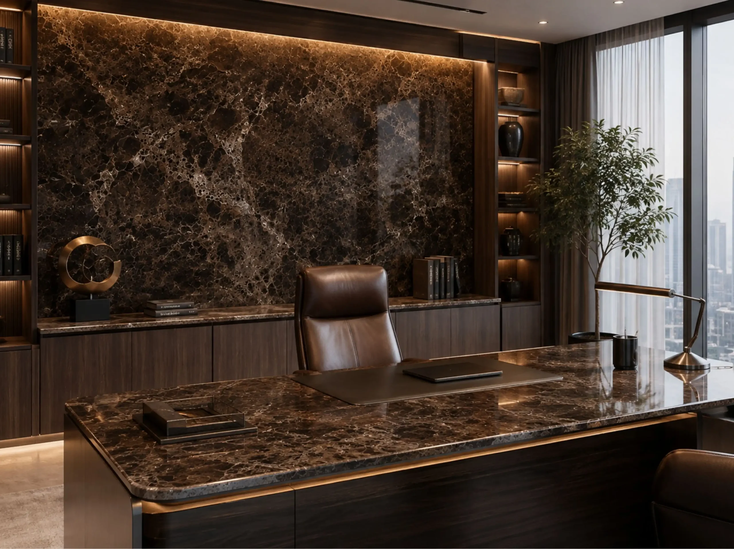 Dark Emperador Marble executive office desk feature wall for a luxury interior project