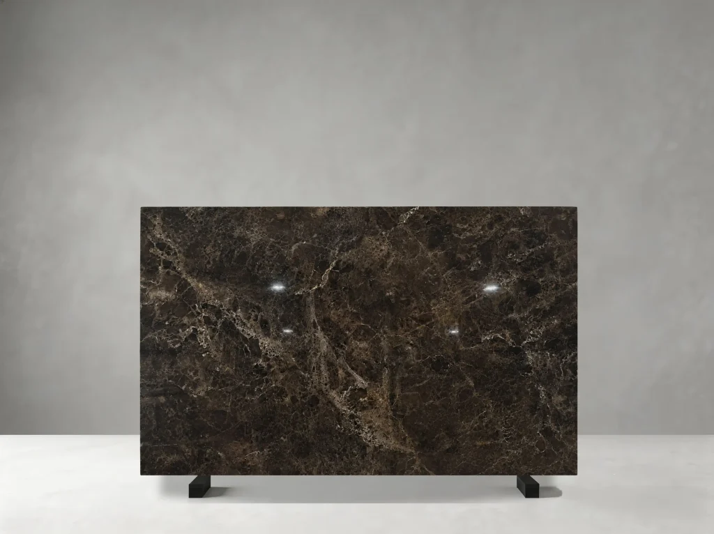 Dark Emperador Marble slab with deep chocolate brown and espresso tones with fine white and golden veins