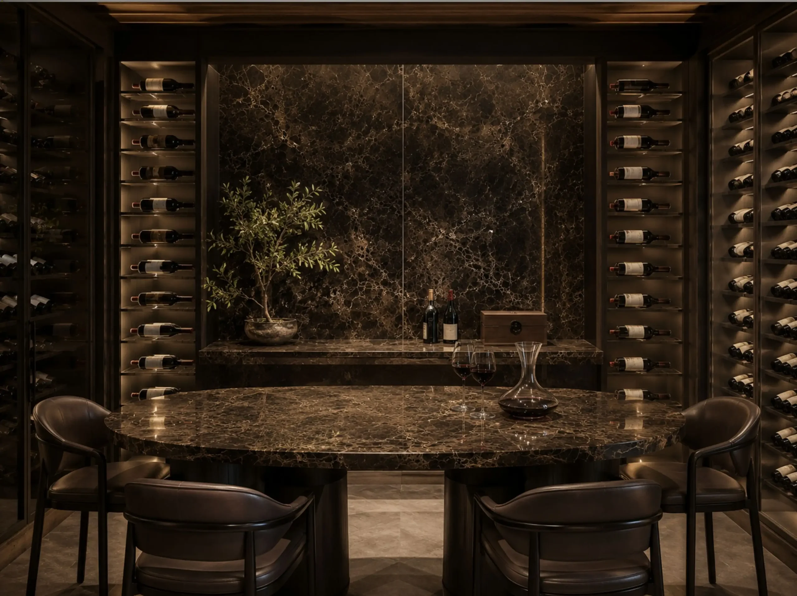 Dark Emperador Marble wine cellar dining table wall for a luxury interior project