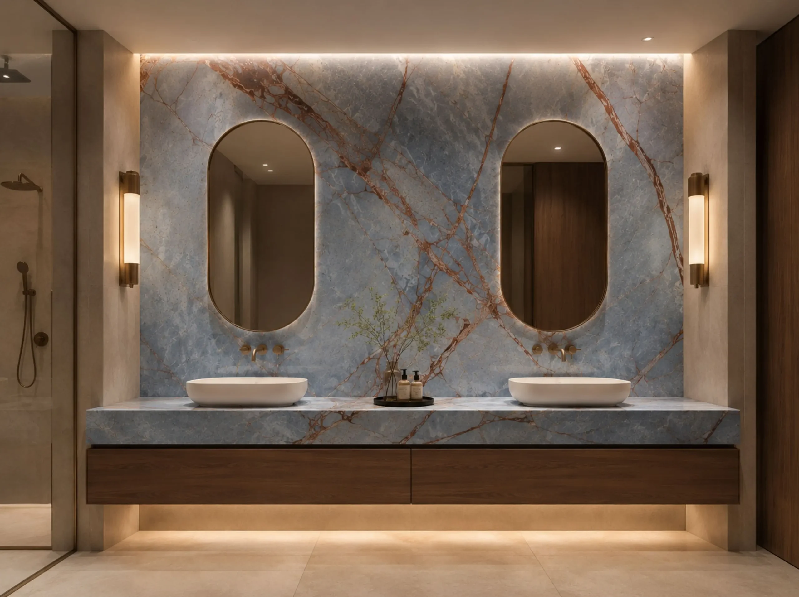 Deep River Marble bathroom double vanity wall and countertop for a luxury interior project