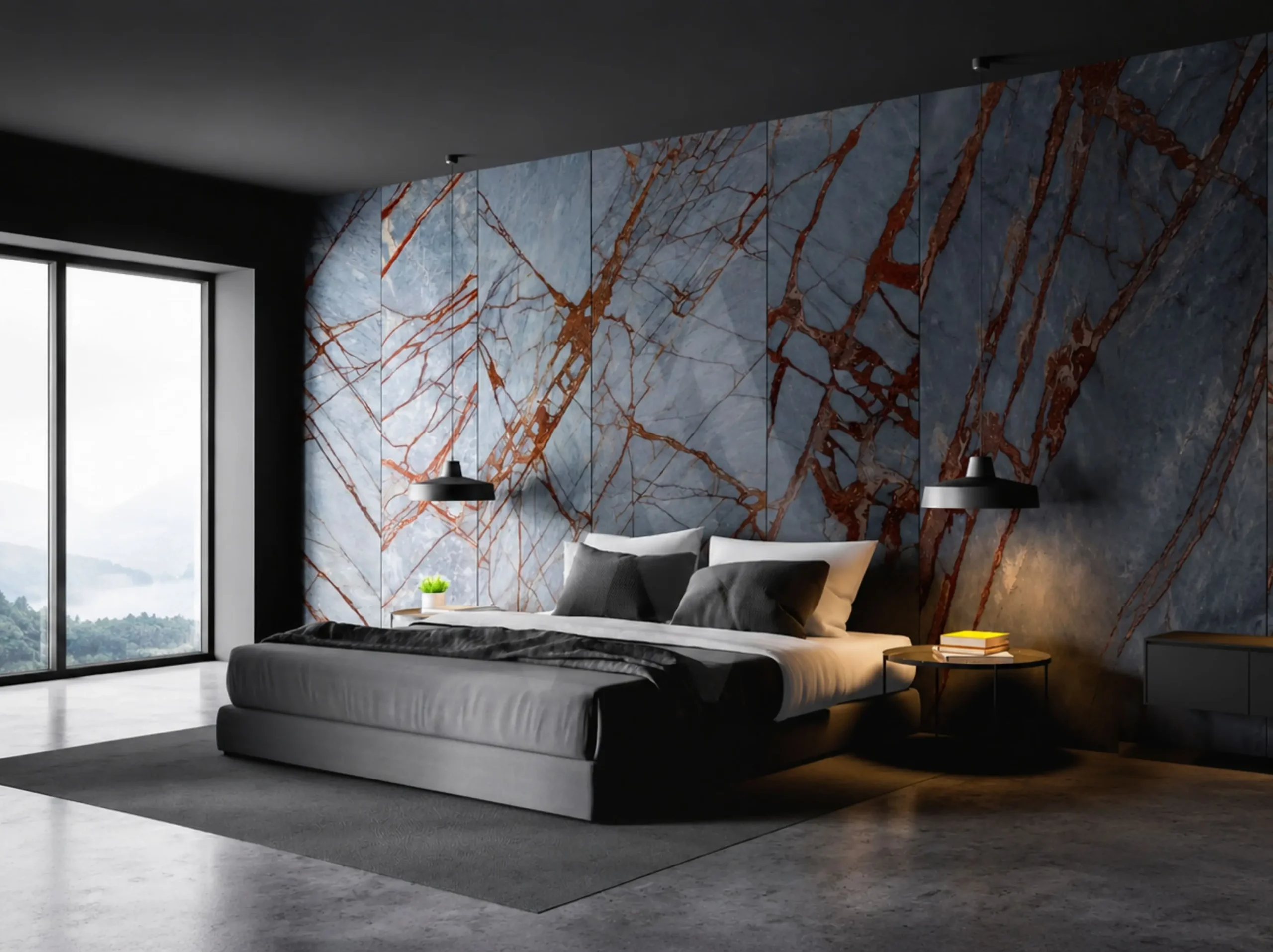 Deep River Marble bedroom feature wall cladding for a luxury interior project