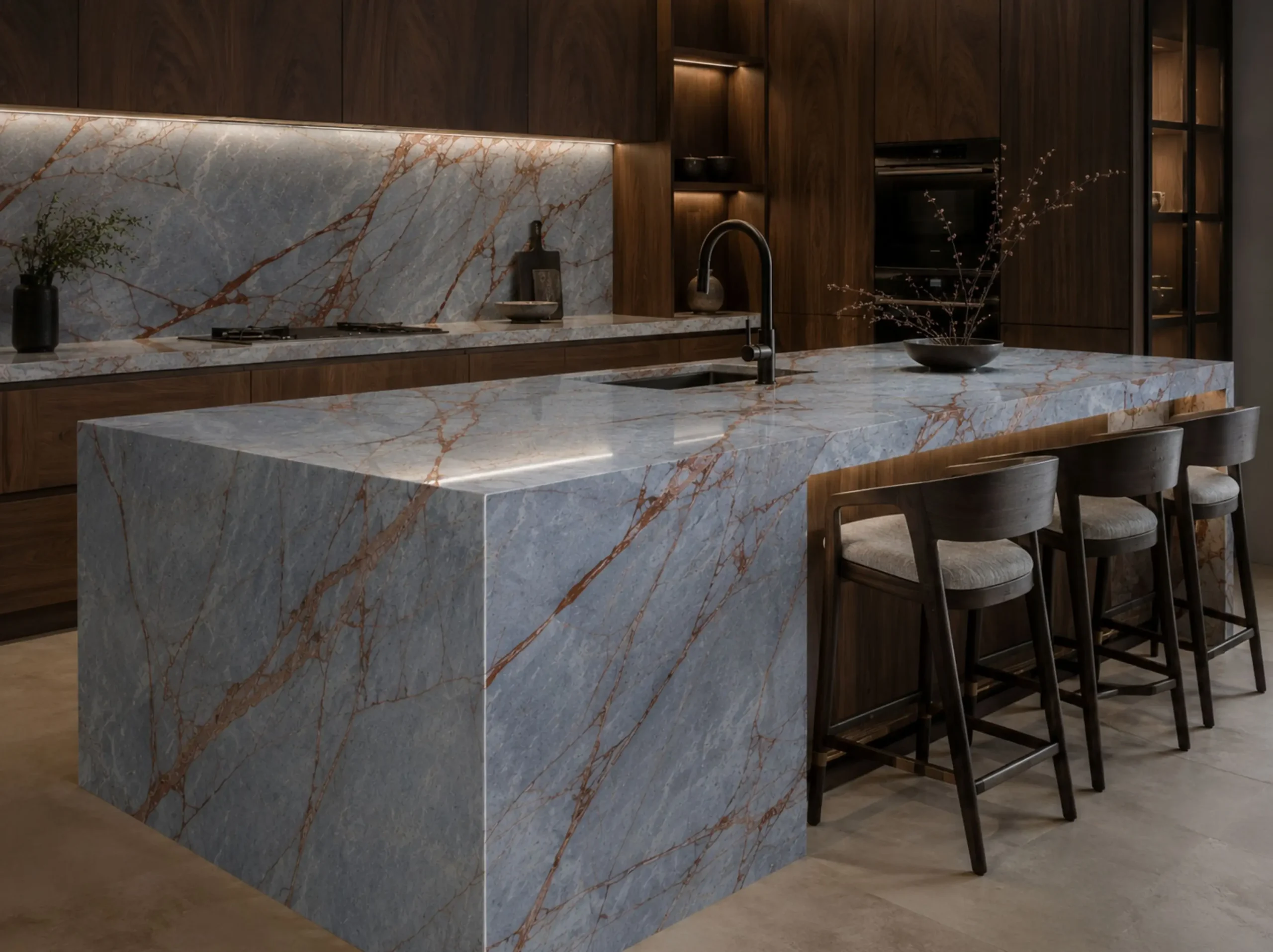 Deep River Marble kitchen waterfall island and backsplash for a luxury interior project