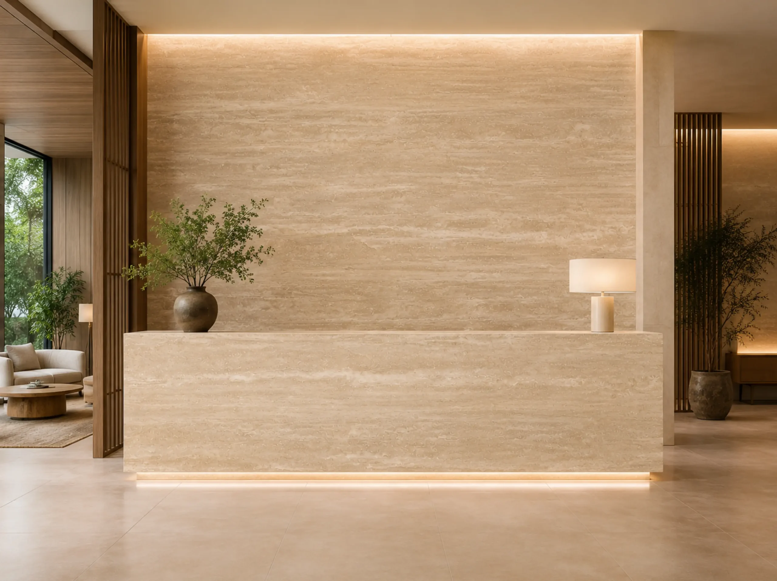 Denizli Ivory Travertine used for reception desk feature wall