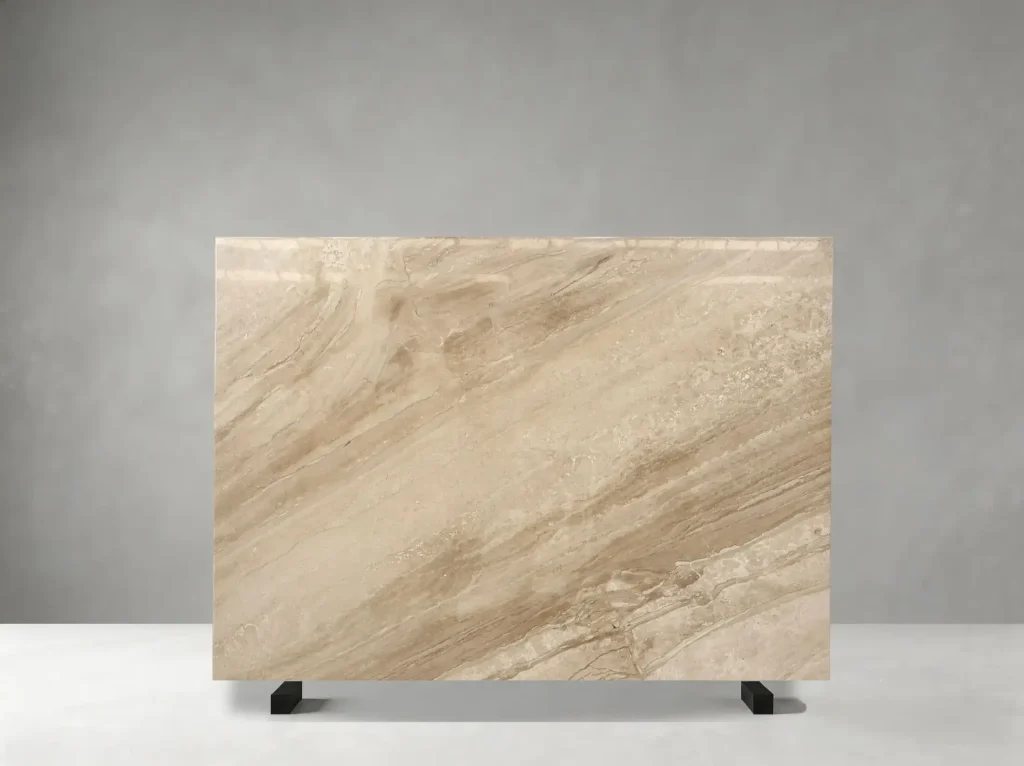 Diana Royal Marble polished slab with warm beige tones and soft diagonal cream bands