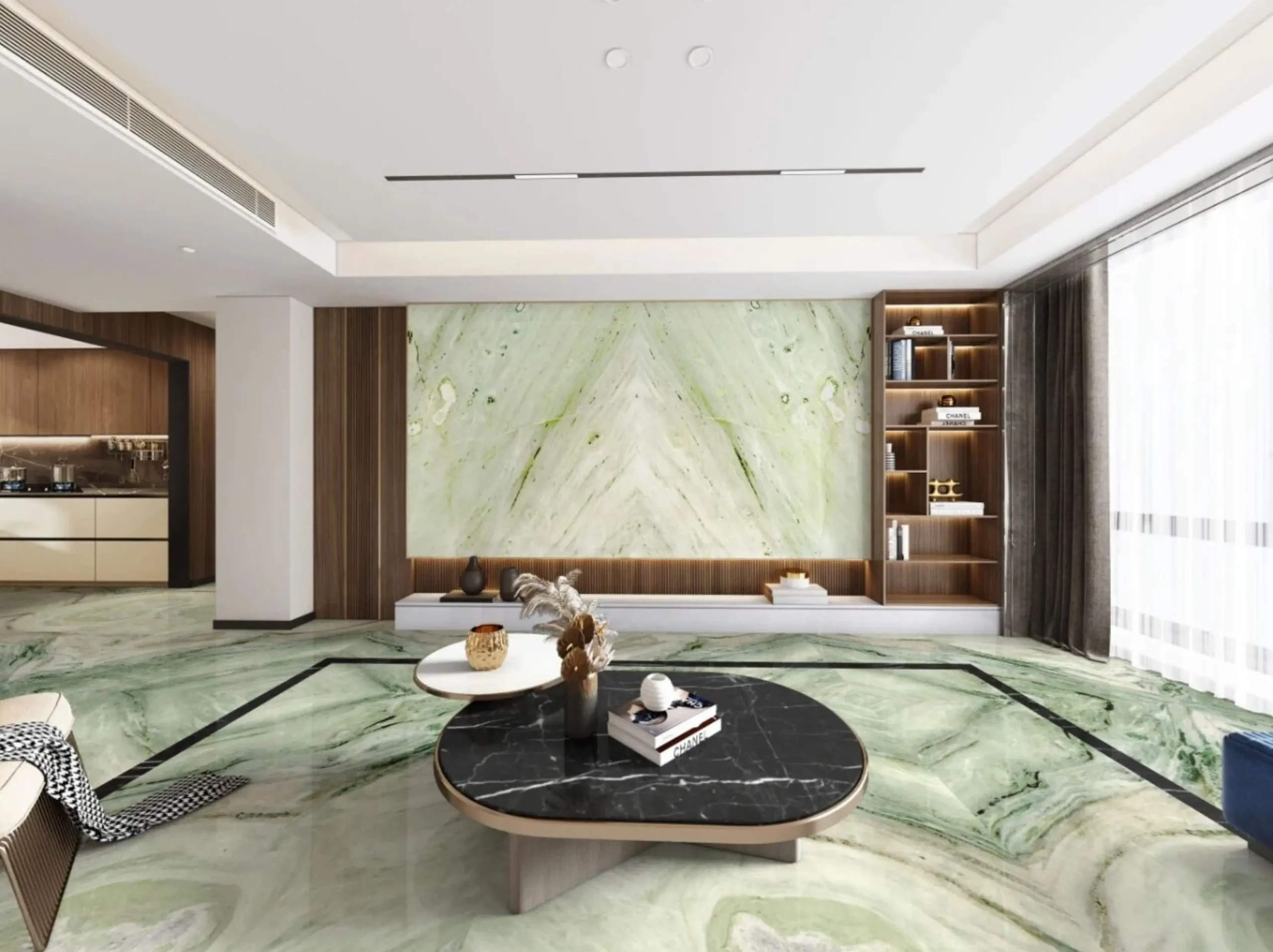 Ethereal Green Marble Living Room Feature Wall Ethereal Green Marble application: Ethereal Green Marble Living Room Feature Wall