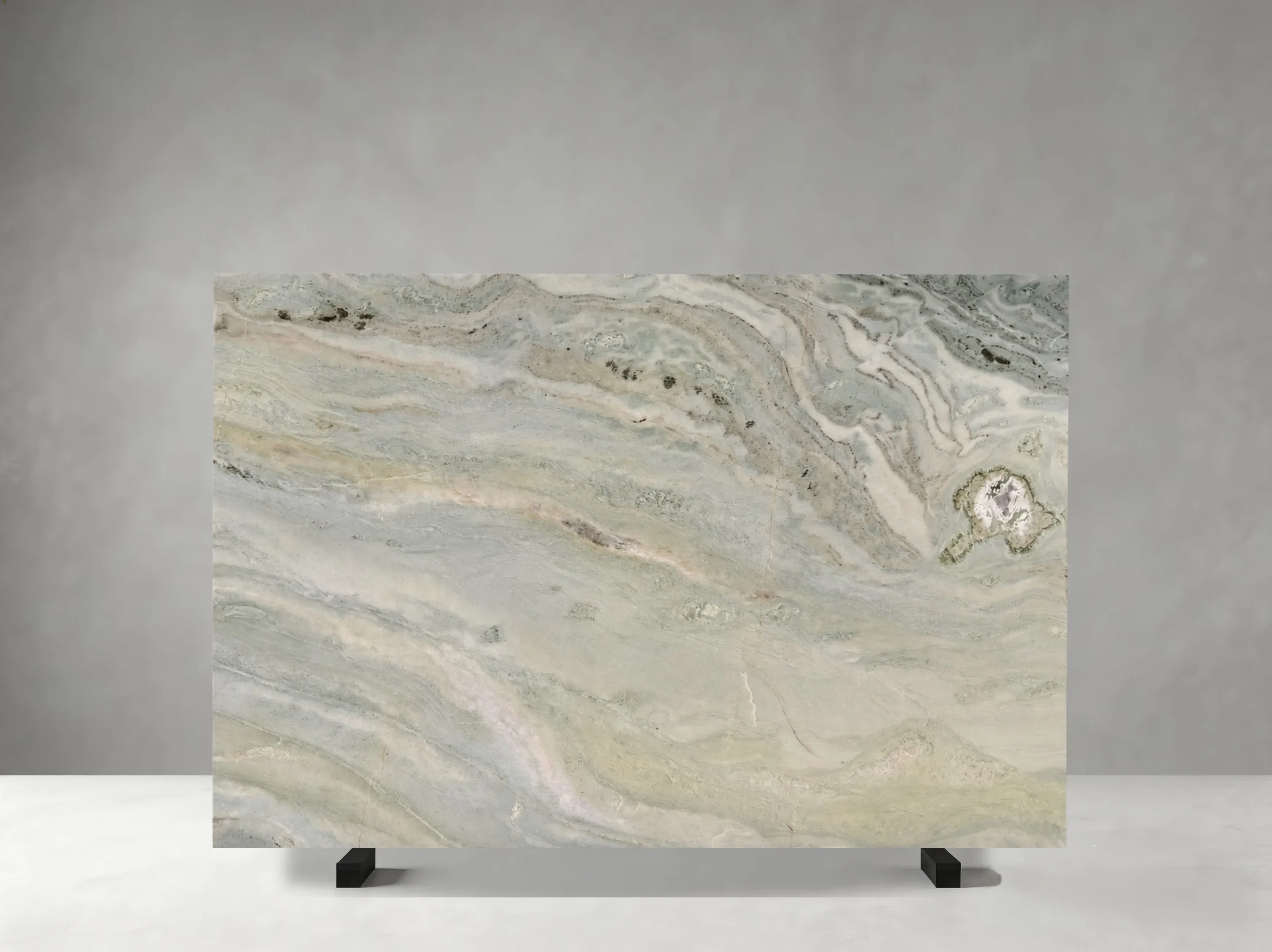 Ethereal Green Marble Slab 02 Ethereal Green Marble full slab 02 with soft diagonal brush-like movement with layered translucency