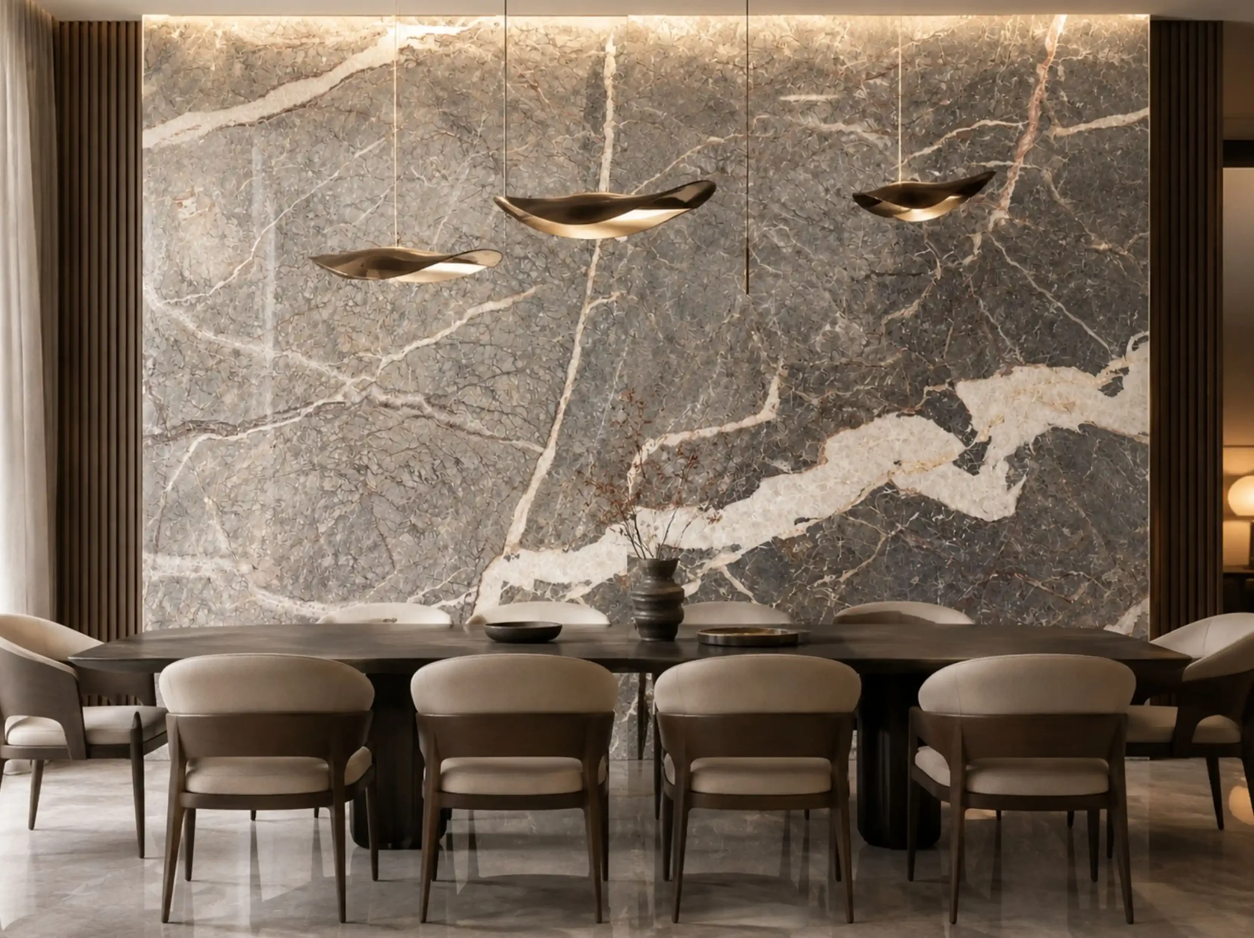 Etruscan Grey Marble dining room wall for a luxury interior project