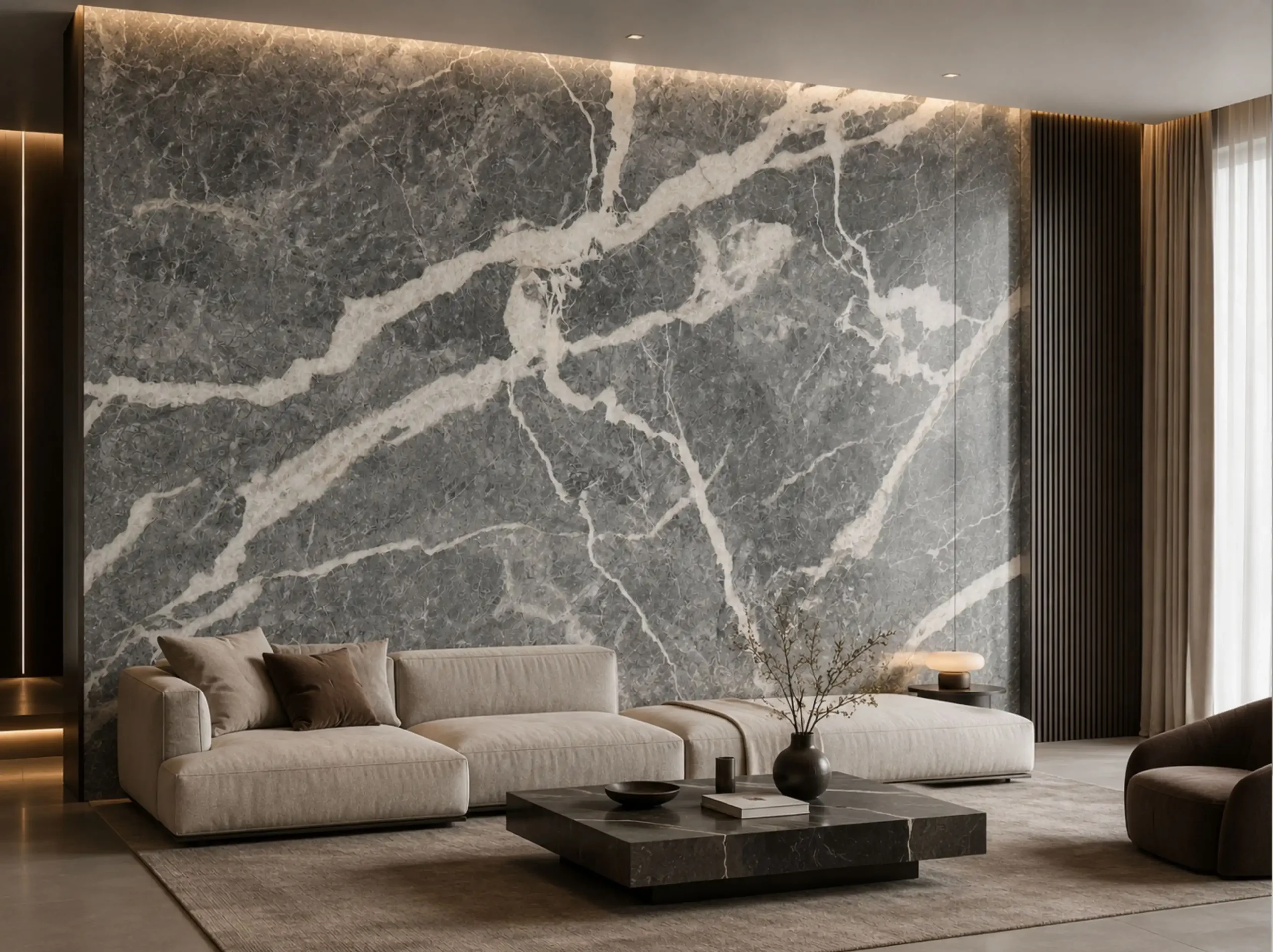 Etruscan Grey Marble living room feature wall for a luxury interior project
