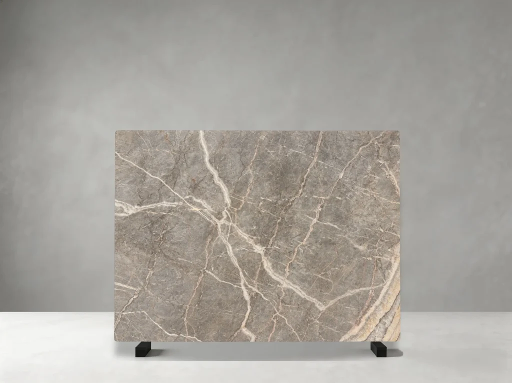 Etruscan Grey Marble full slab showing warm grey, taupe and soft beige tones with subtle cloudy transitions with fine cream and pale white veins