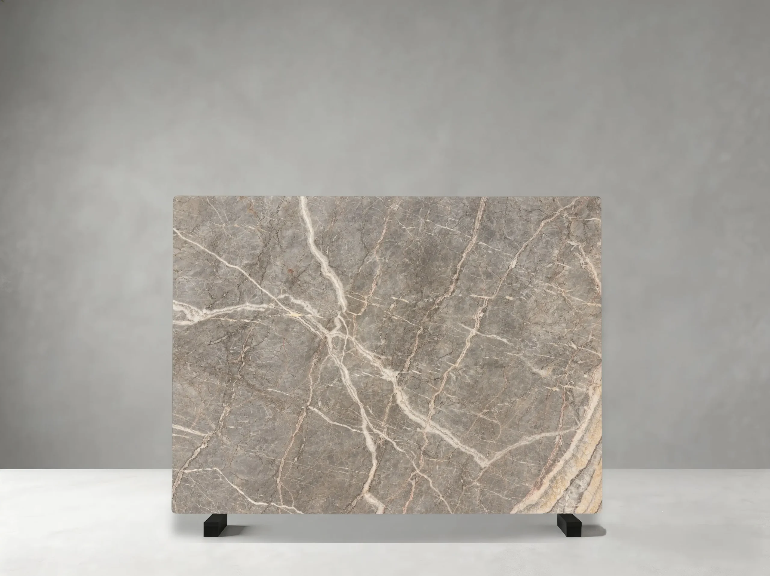 Etruscan Grey Marble full slab showing warm grey, taupe and soft beige tones with subtle cloudy transitions with fine cream and pale white veins
