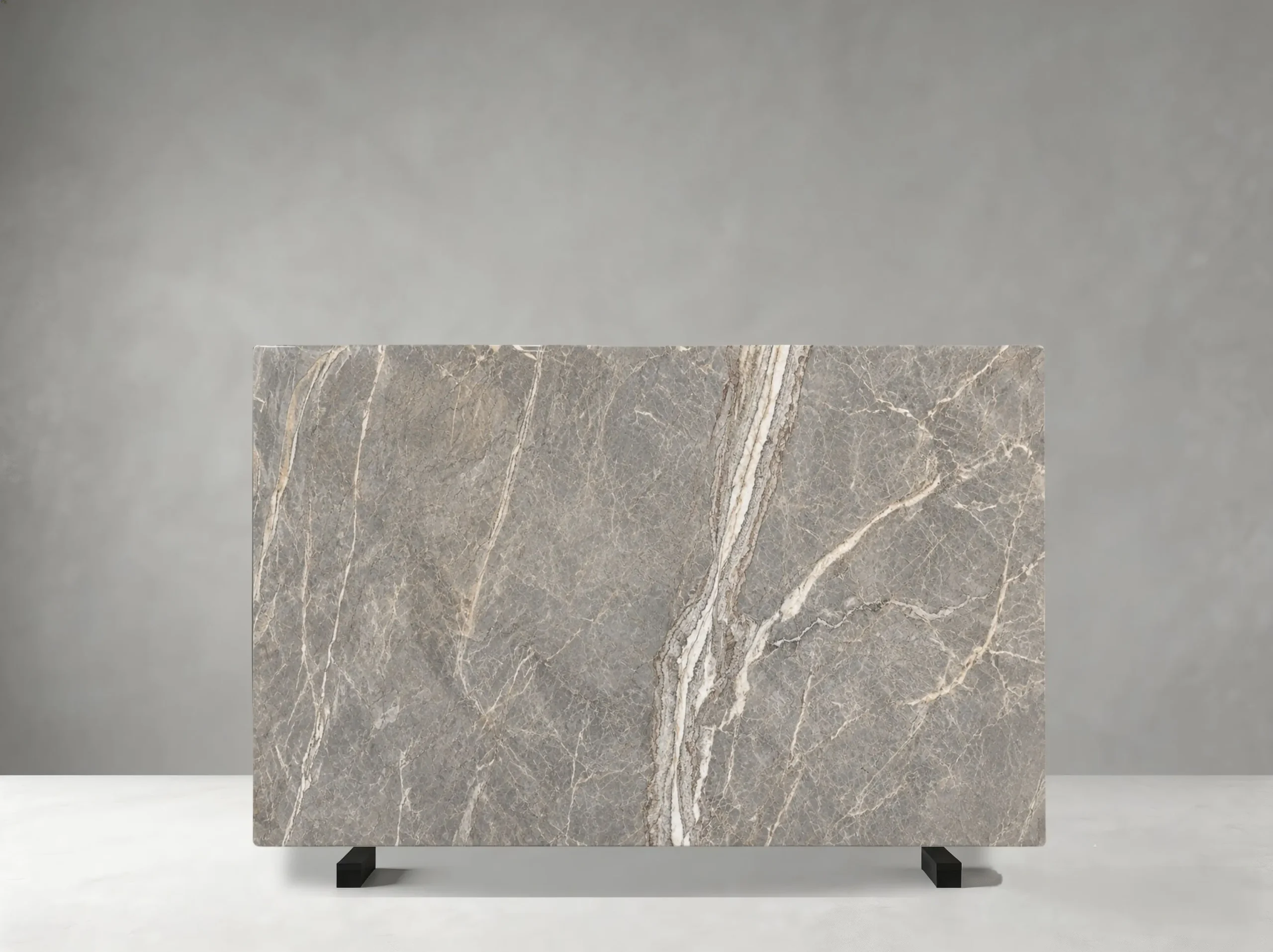 Etruscan Grey Marble full slab showing warm grey, taupe and soft beige tones with subtle cloudy transitions with fine cream and pale white veins