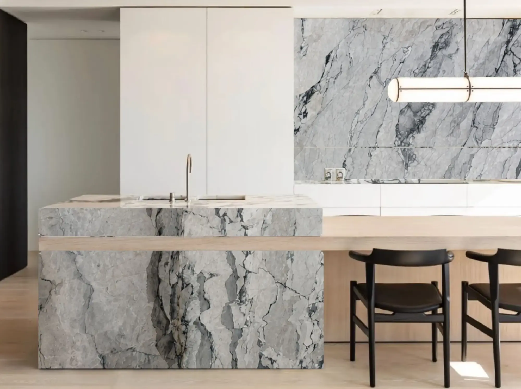 Fantasy Wave Marble kitchen island and backsplash application