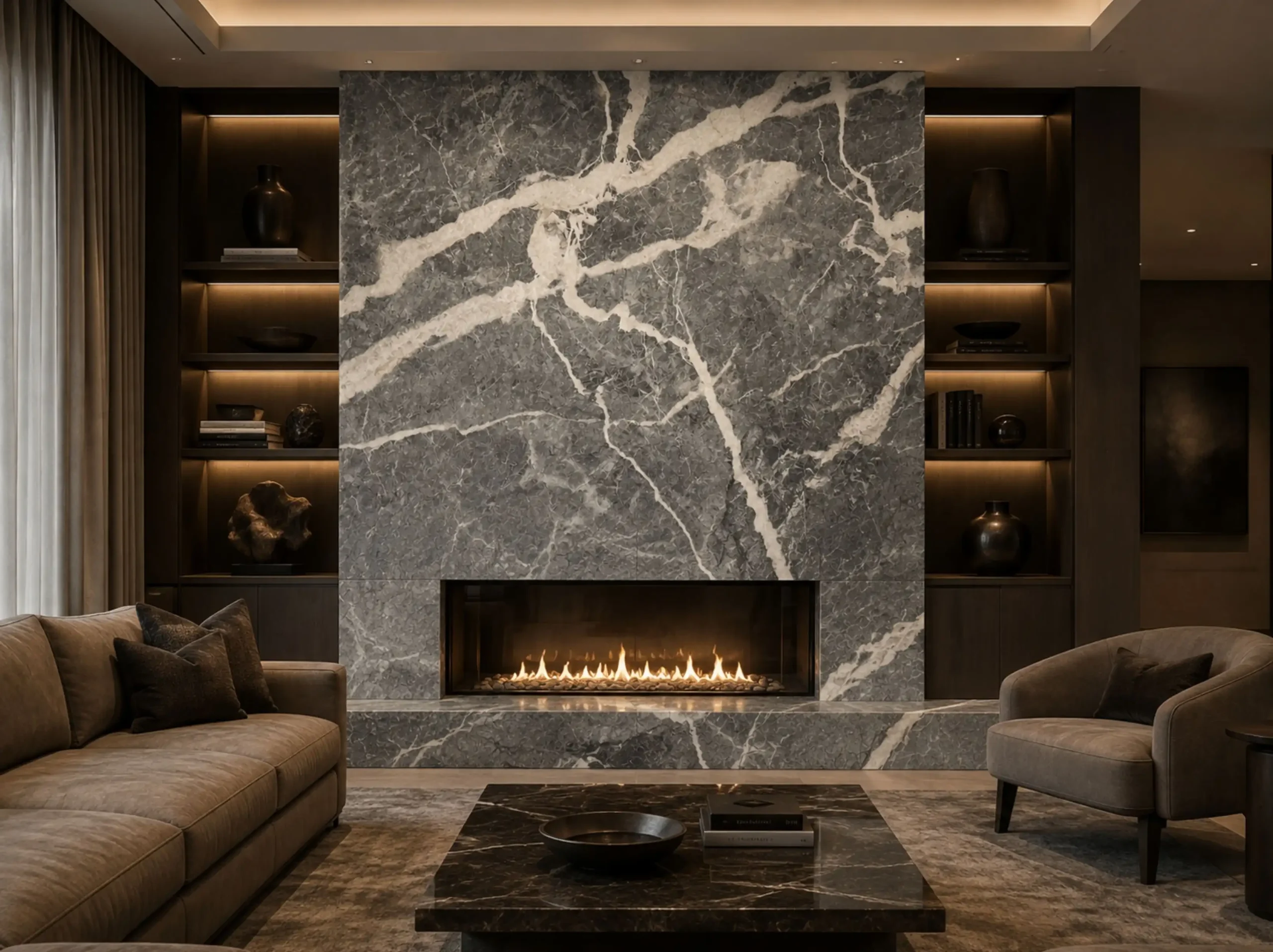 Fior Di Pesco Grigio Marble living room fireplace wall for a luxury interior project