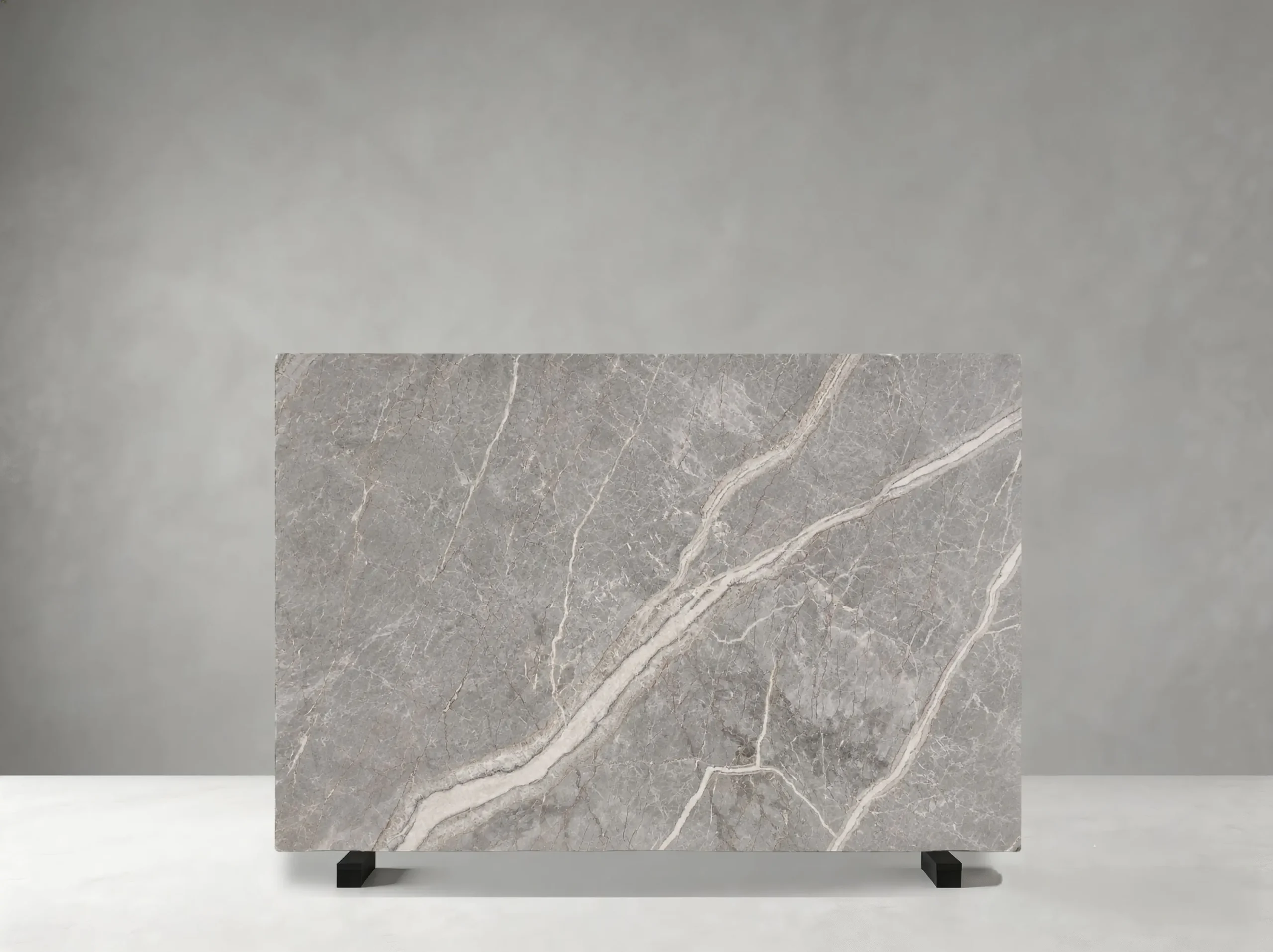Fiore Di Bosco Marble full slab showing light grey, warm greige and pale silver tones with long parallel white veins with fine diagonal mineral lines