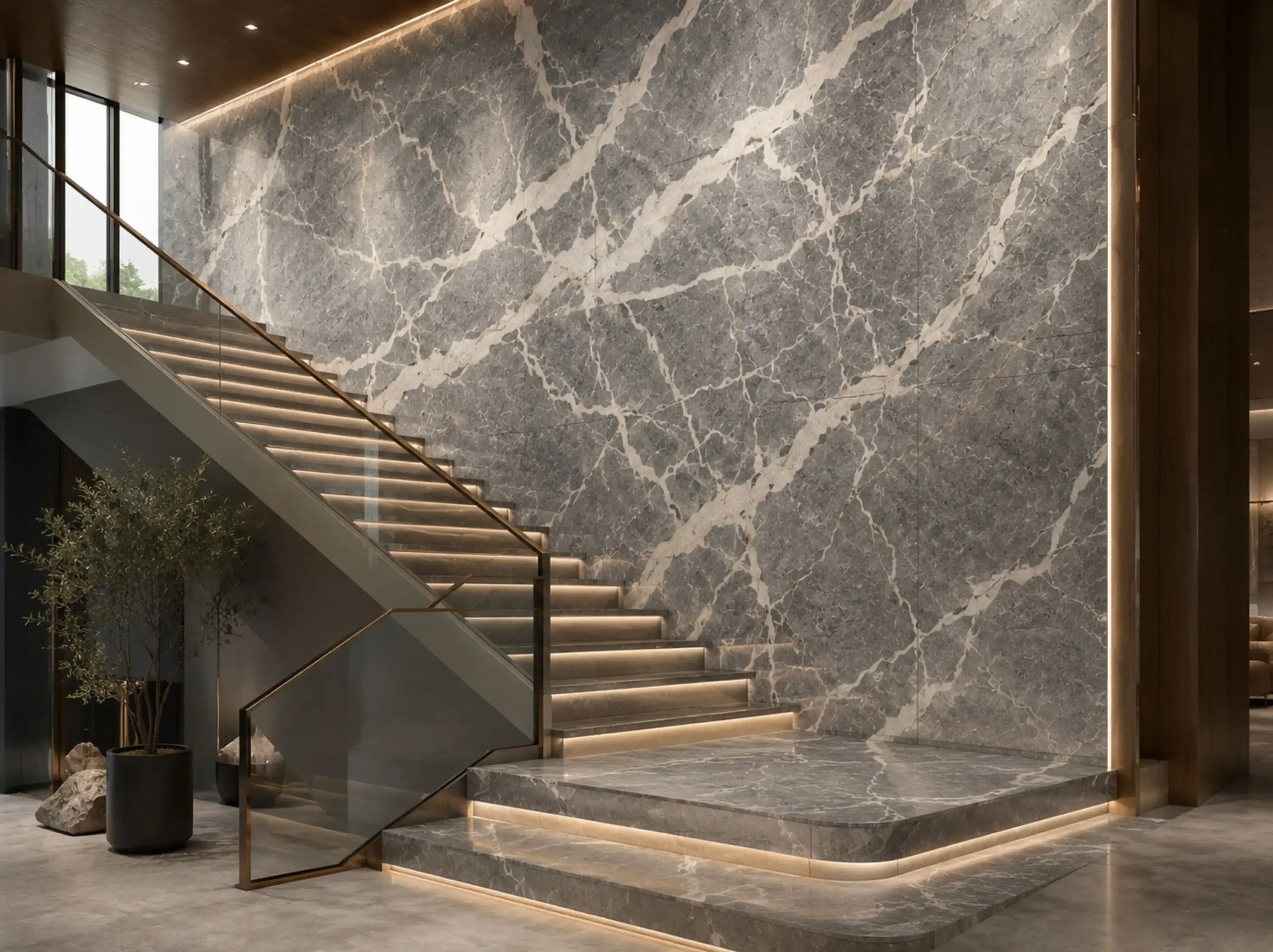 Fiore Di Bosco Marble staircase feature wall for a luxury interior project
