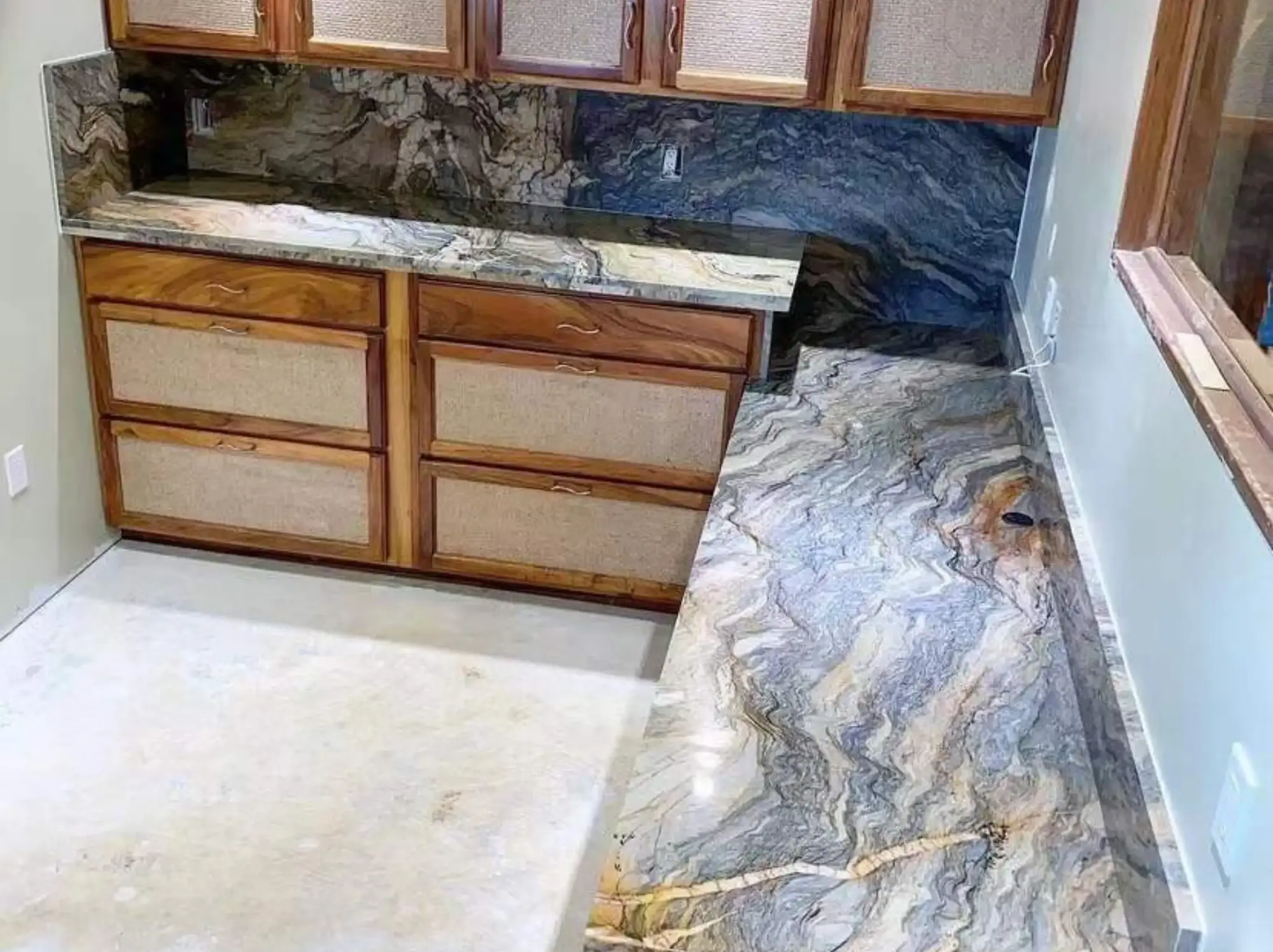 Fusion Blue Quartzite l shaped kitchen countertop application