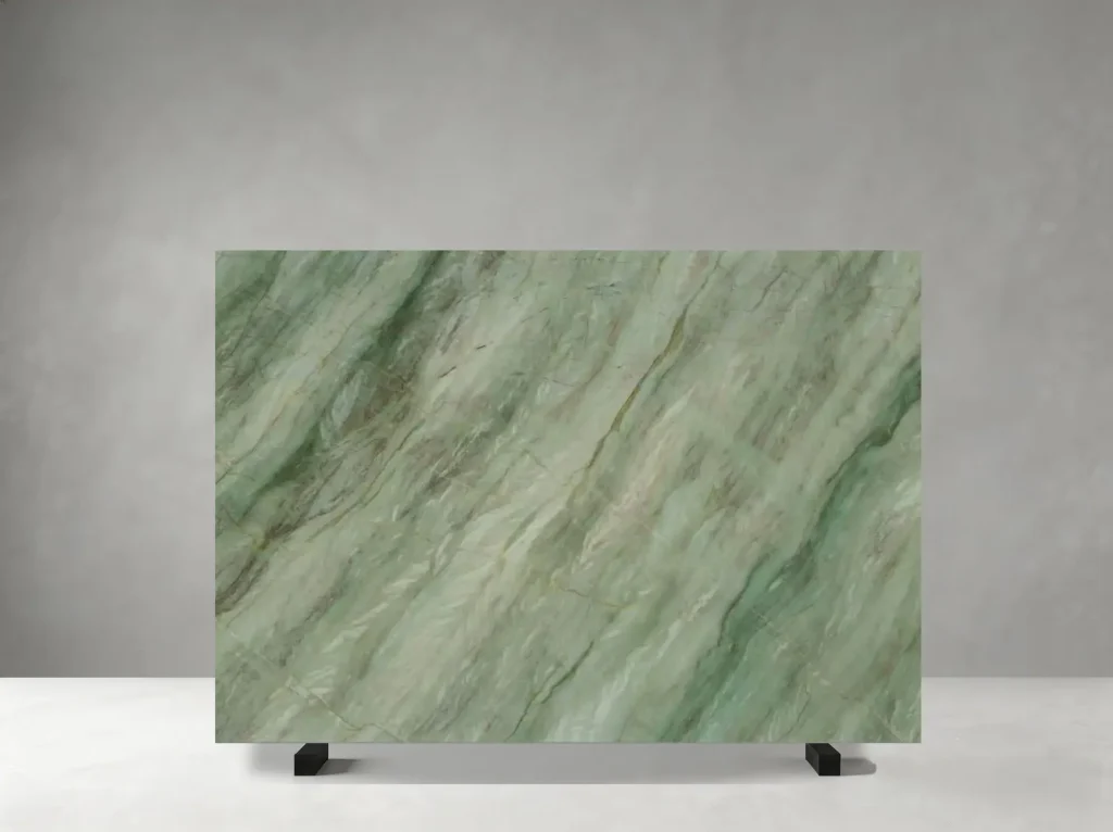 Gaya Quartzite polished slab showing a balanced green-white surface with layered grey mineral detail
