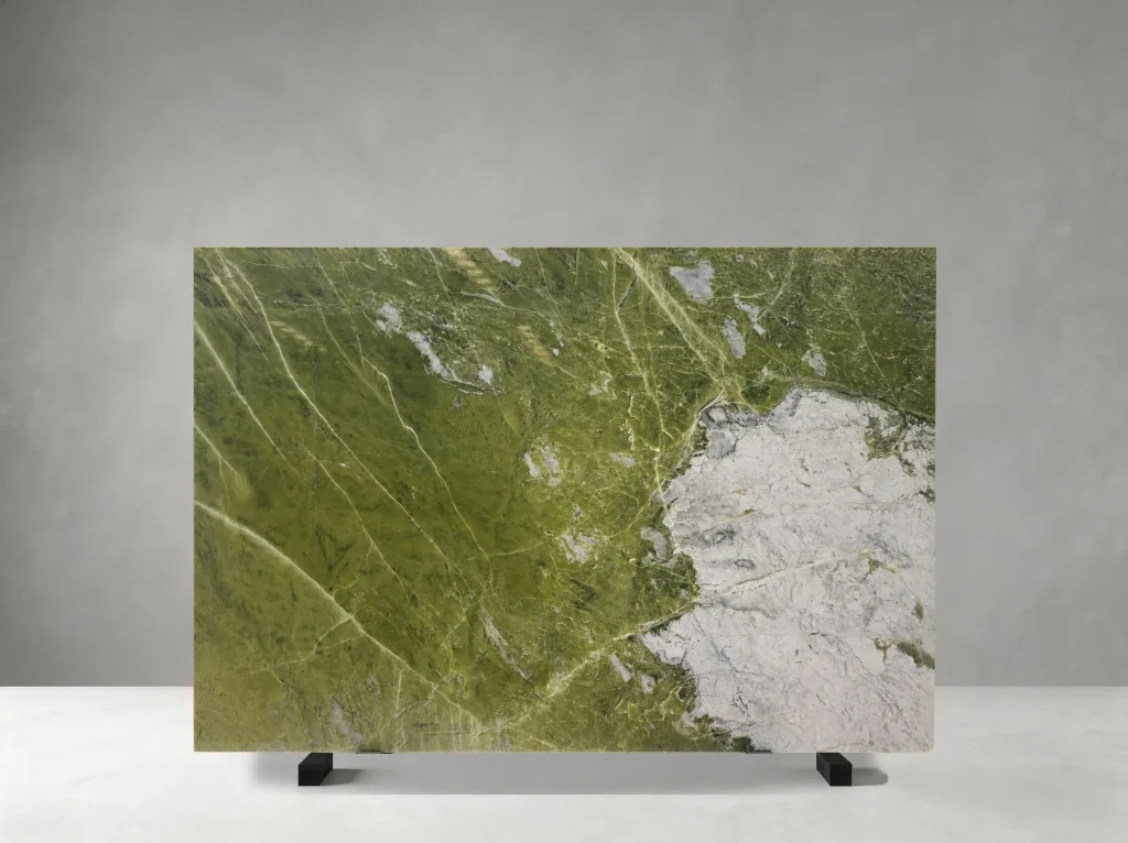 Glacier Green Marble polished slab with olive green field and broad white crystalline movement