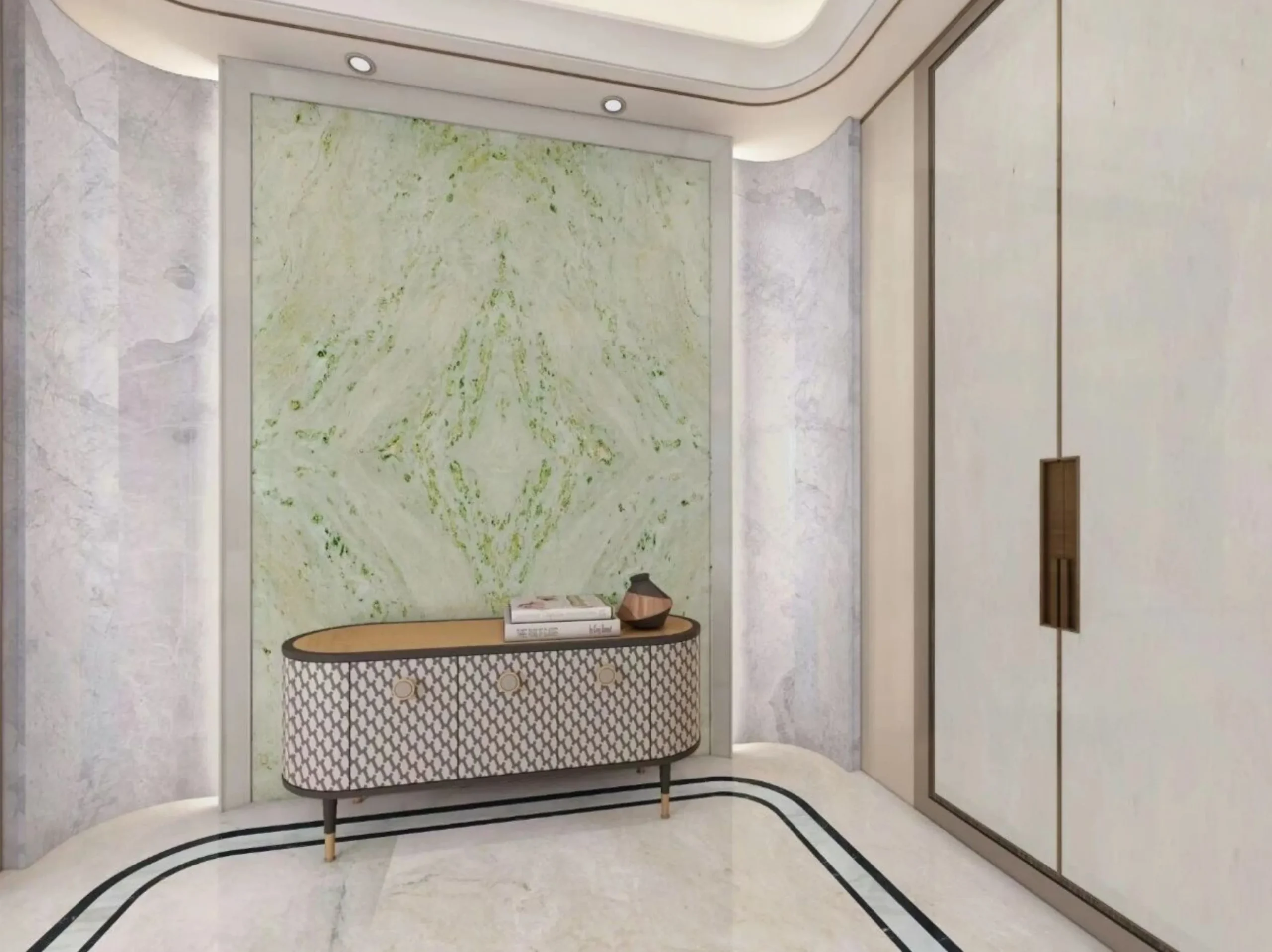 Green Ethereal Marble Bookmatched Entry Feature Wall Green Ethereal Marble application: Green Ethereal Marble Bookmatched Entry Feature Wall