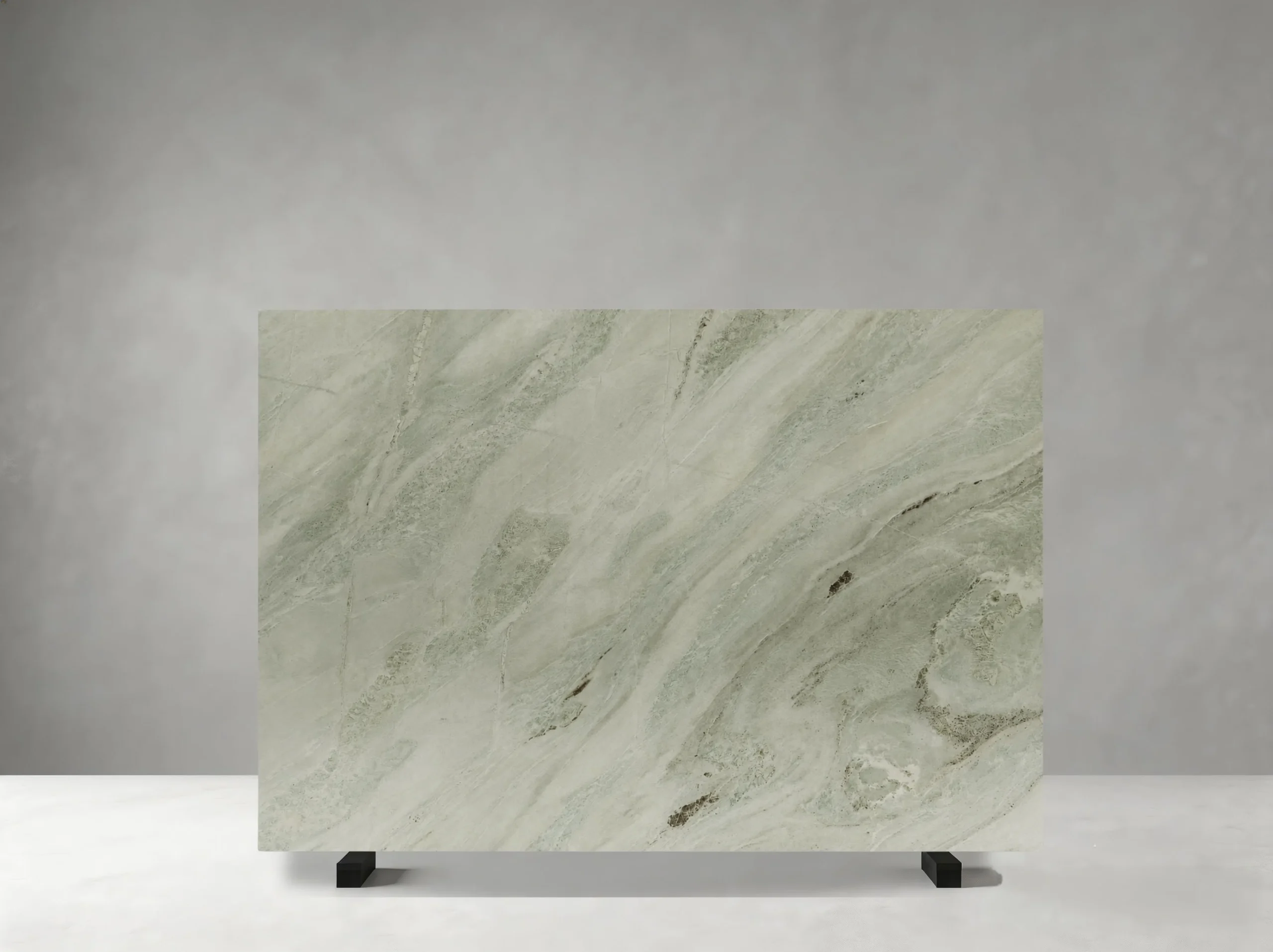 Green Ethereal Marble Slab 01 Green Ethereal Marble full slab 01 showing soft sage green, pale grey, cream, and white