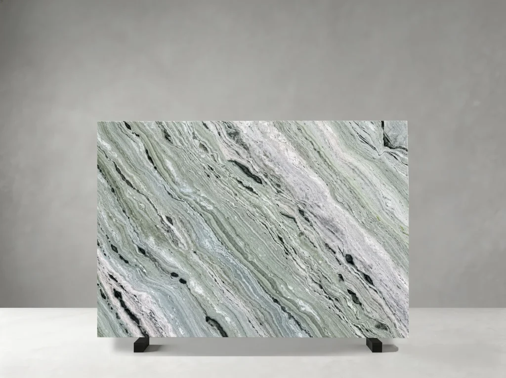 Green River Jade Marble full slab showing pale green, white, grey and deep green tones with river-like linear waves and layered streaks with natural variation in direction