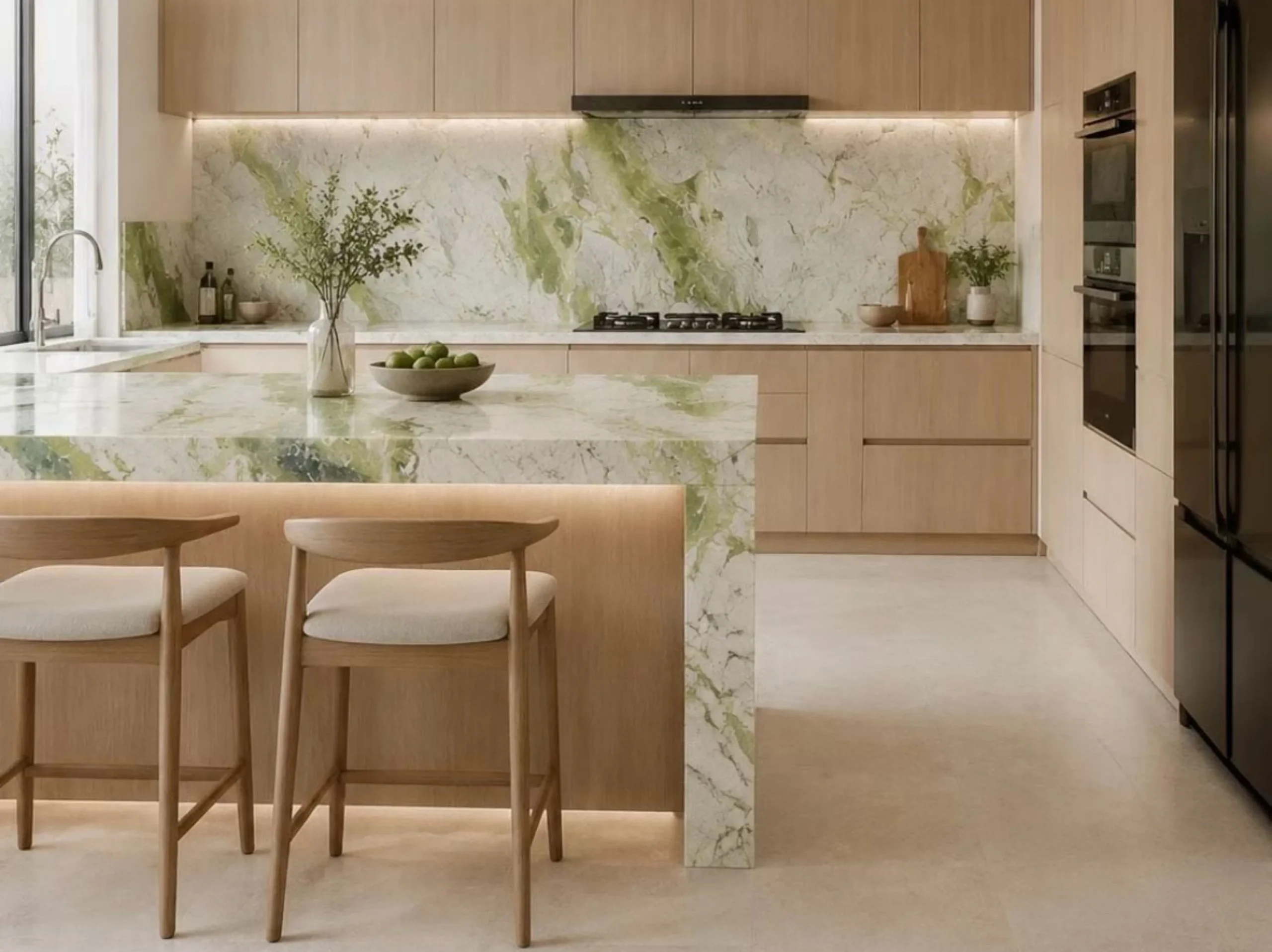 Ice Jade Glacier Green Marble kitchen island and backsplash with coordinated pale green stone surfaces
