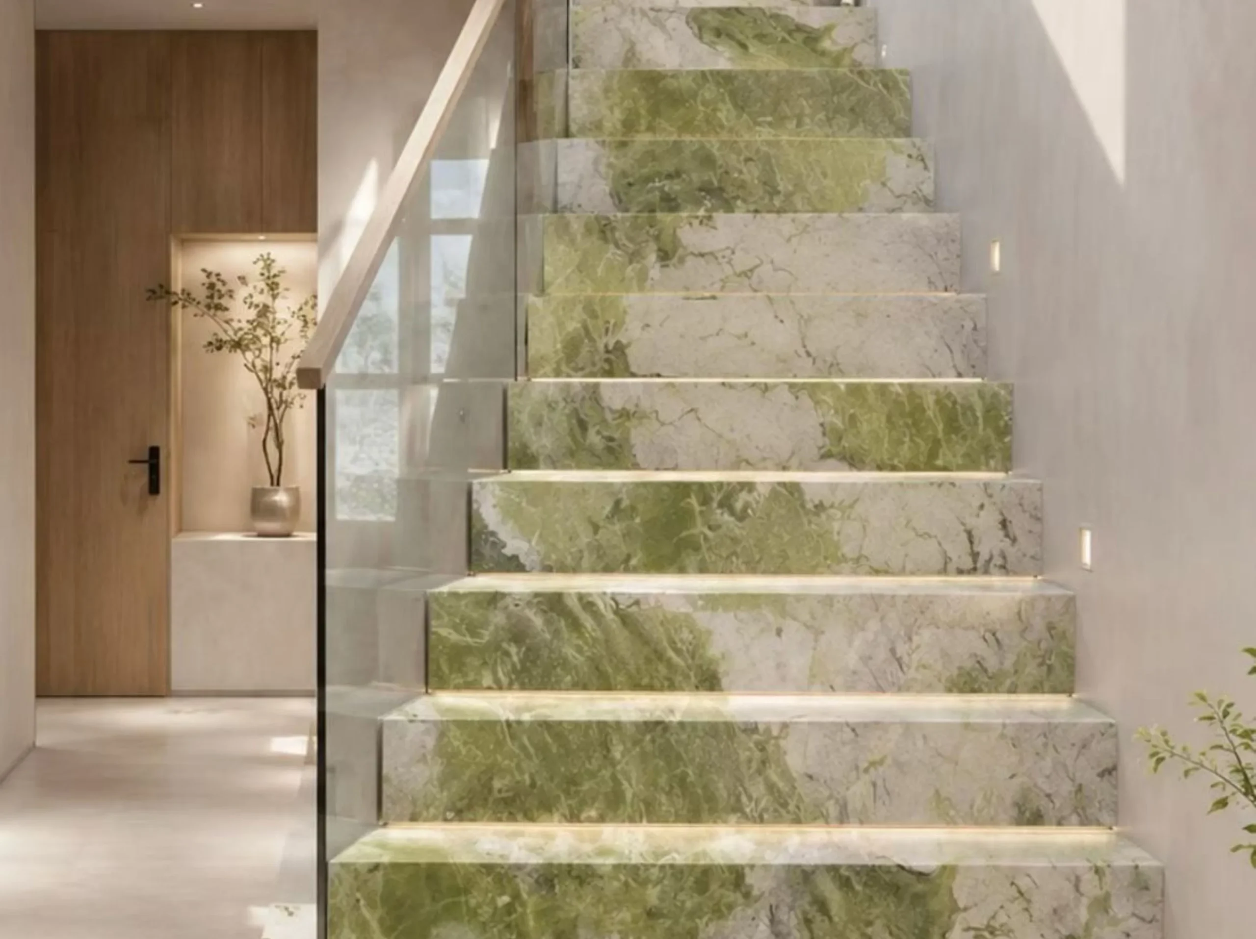 Ice Jade Glacier Green Marble staircase steps with illuminated pale green natural stone treads