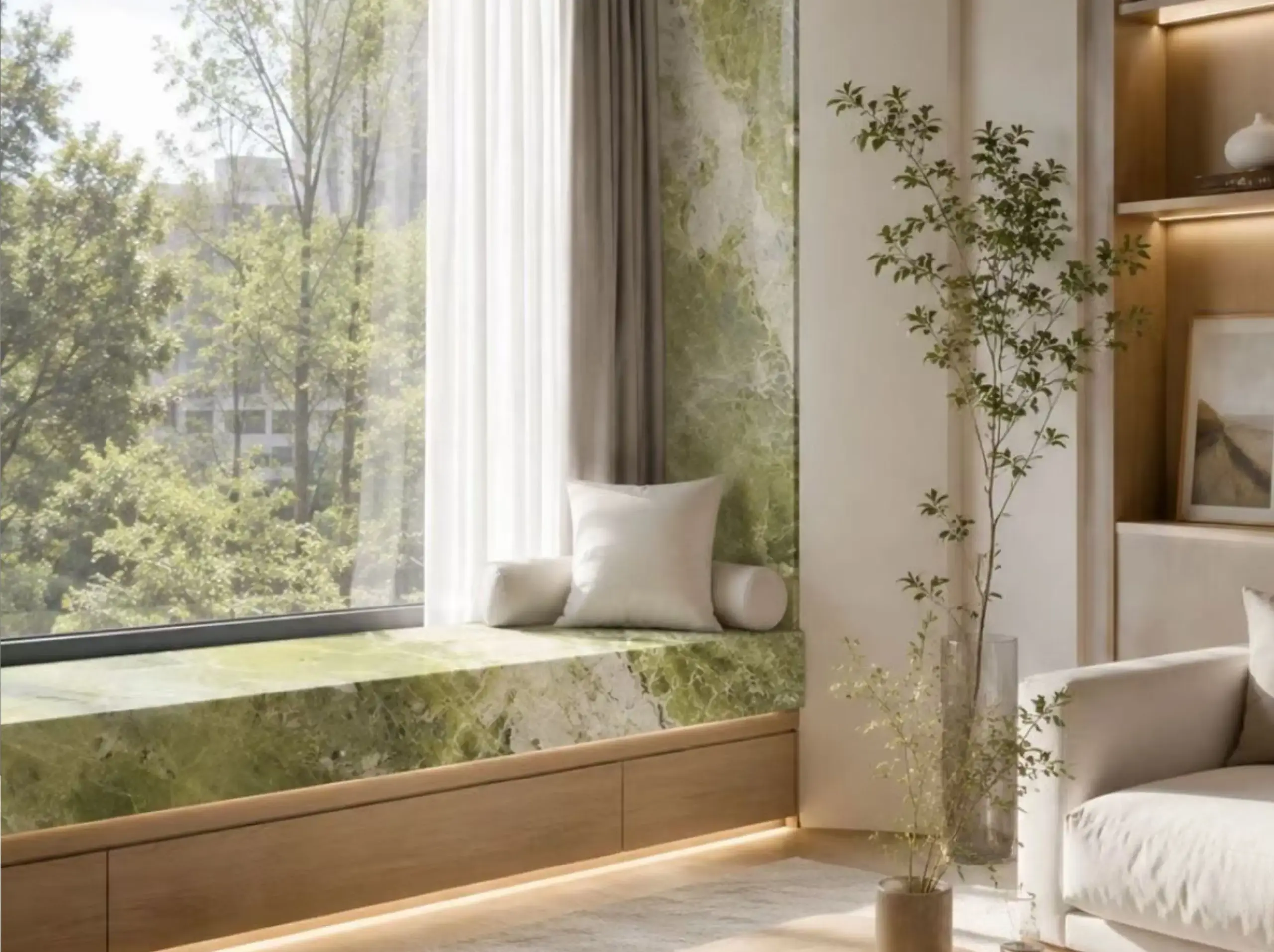 Ice Jade Glacier Green Marble window seat cladding with coordinated green stone surround