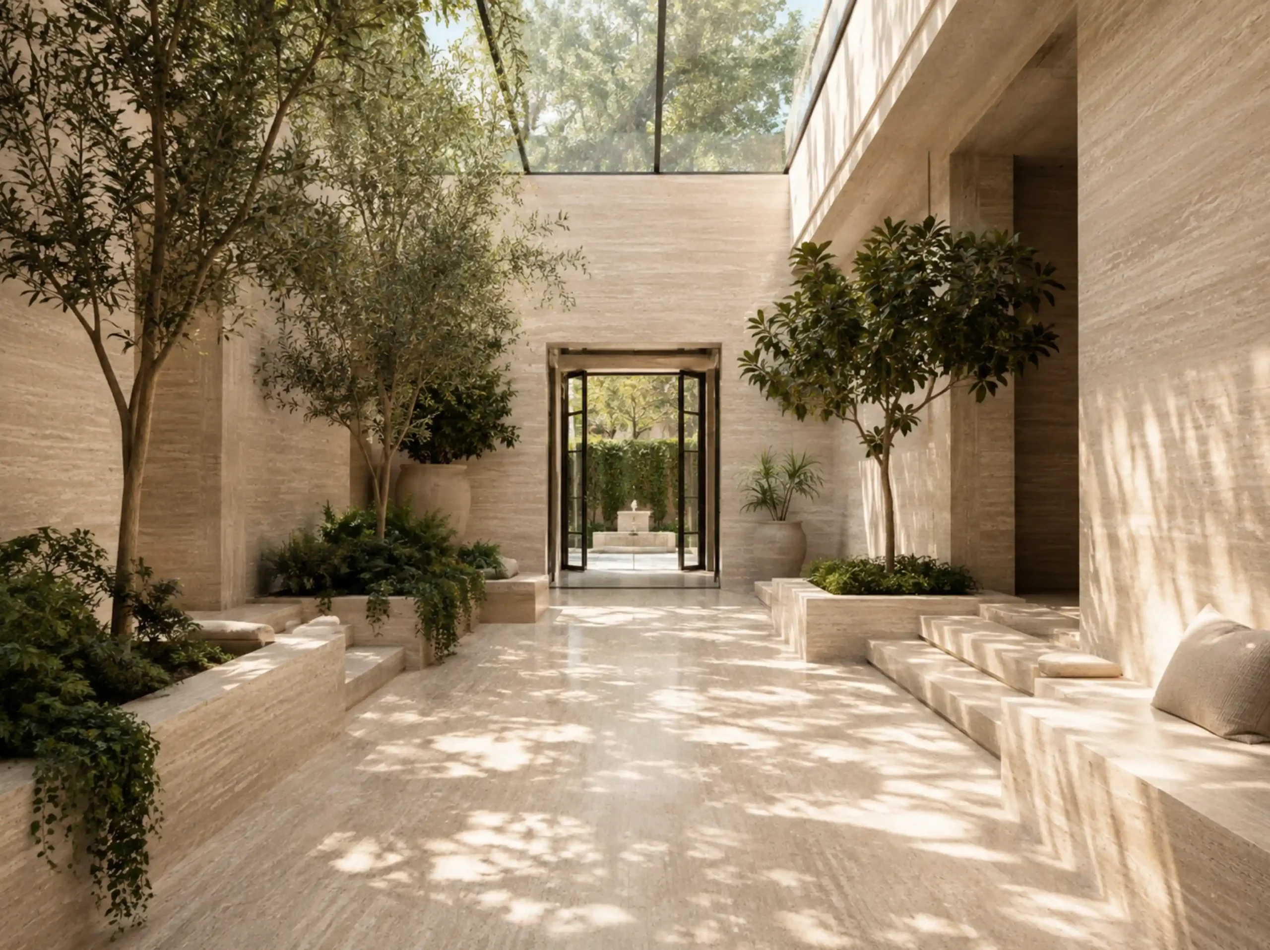 Ivory Travertine used for indoor courtyard wall and floor