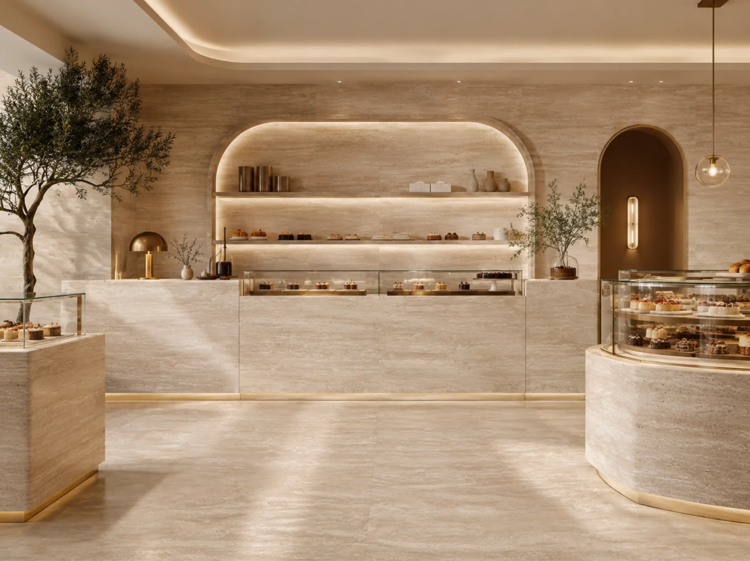Ivory Travertine used for luxury pastry shop interior