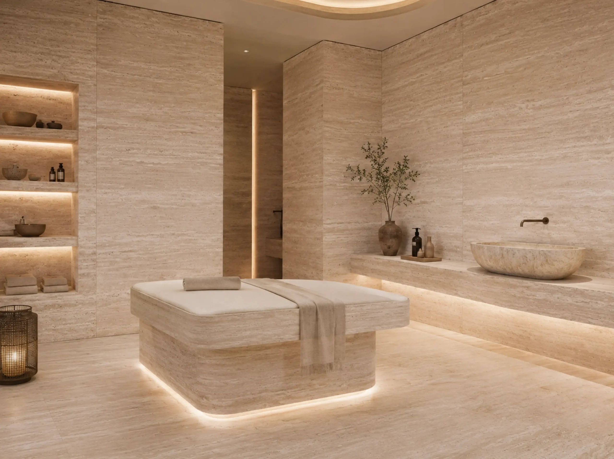 Ivory Travertine used for spa treatment room wall and floor