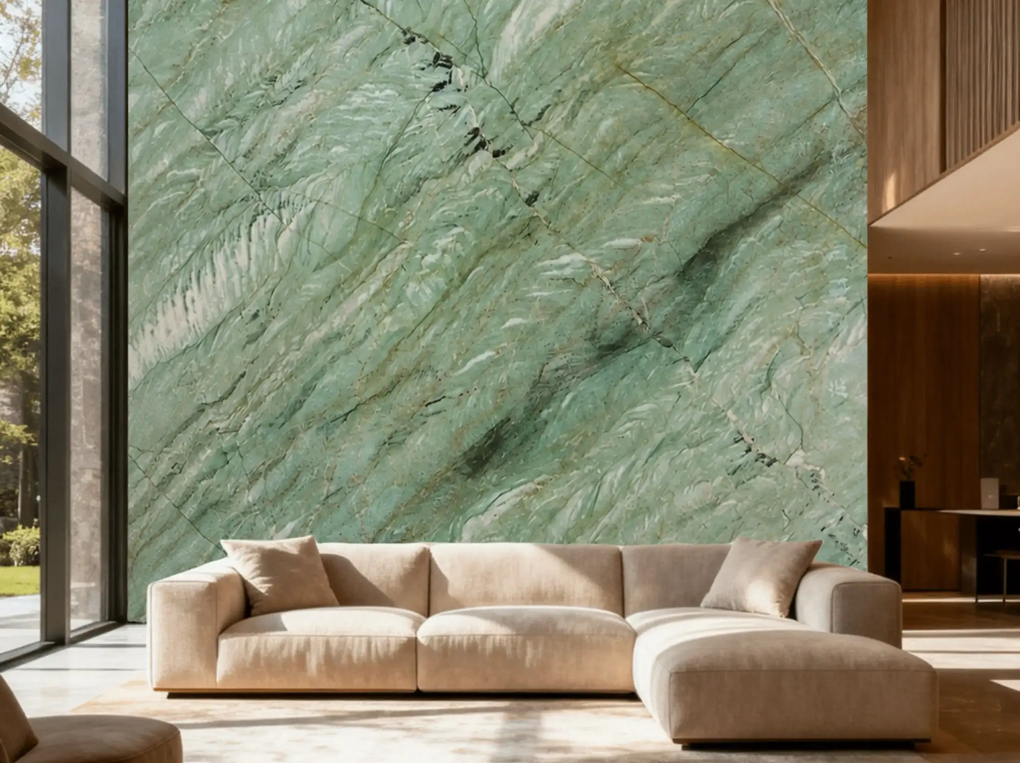 Jade Quartzite living room sofa feature wall application