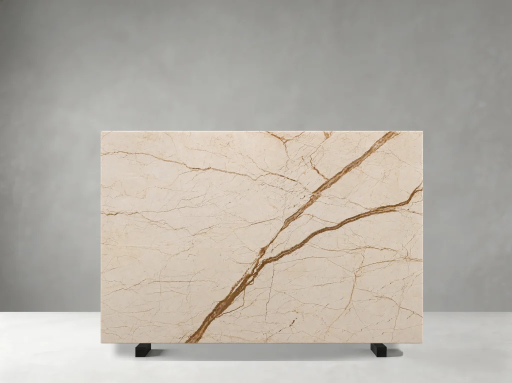 Luna Pearl Marble slab with soft pearl, cream and pale beige tones with gentle grey-beige natural movement
