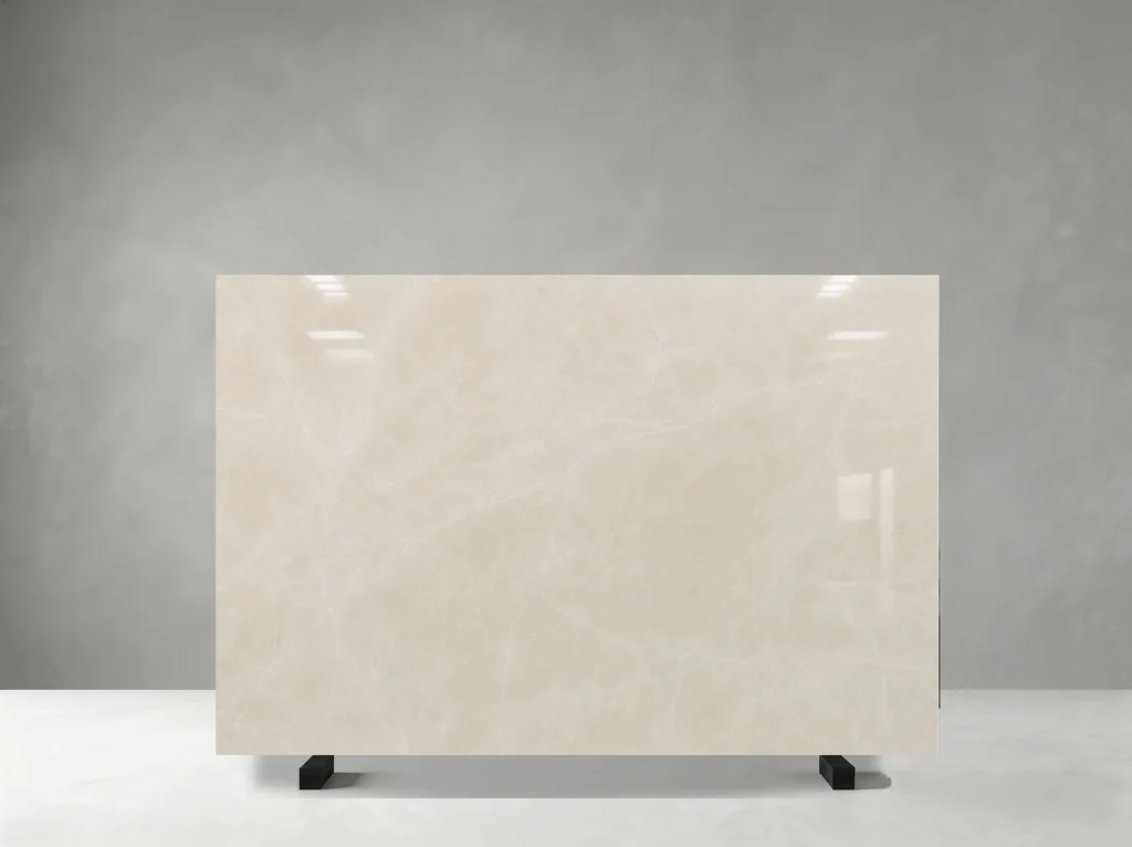Magnolia Beige Marble full slab showing refined light beige, cream and warm off-white tones with quiet mineral grain with faint clouds and very restrained veining