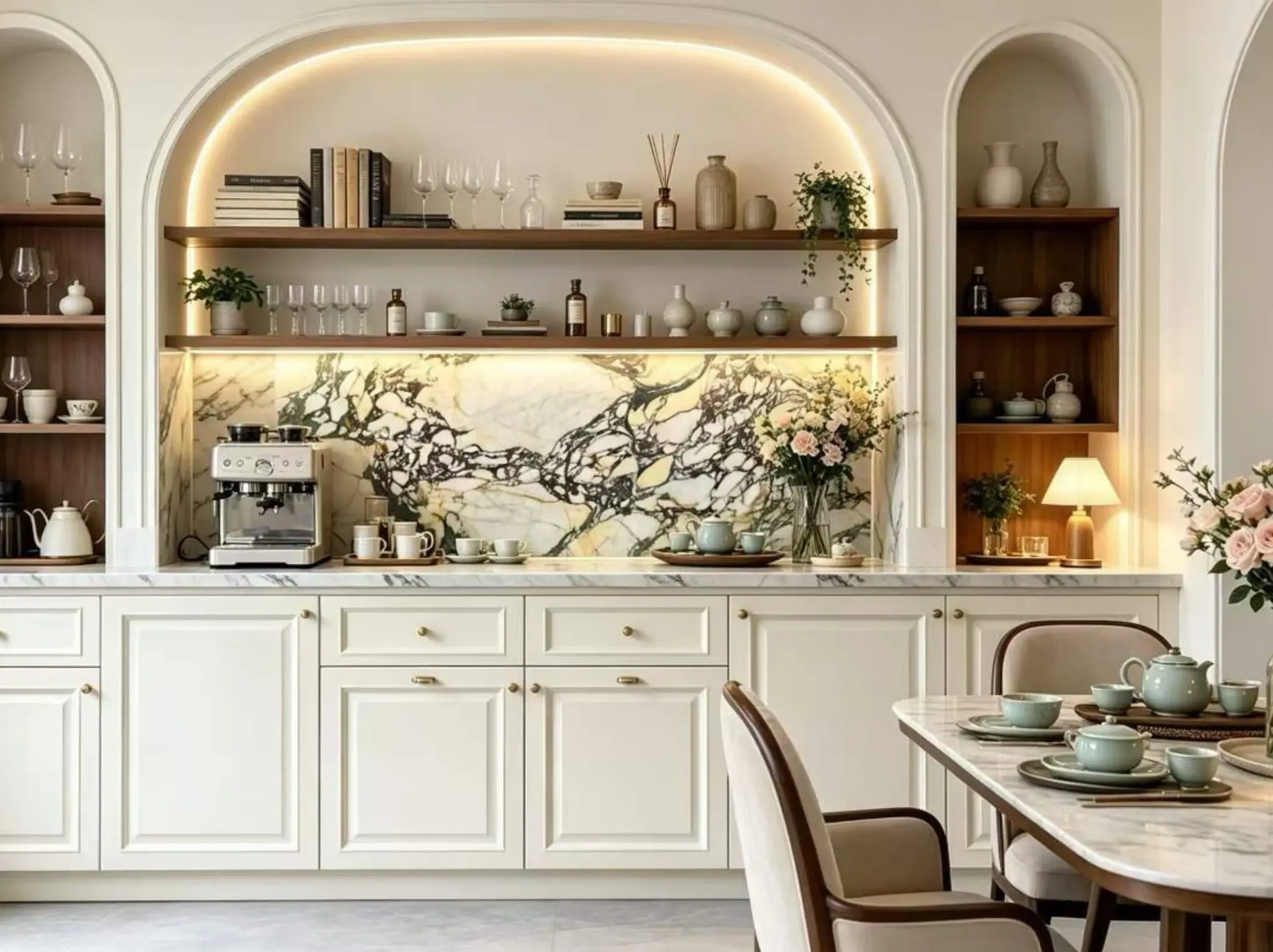 Marbre Breche Violette marble cafe backsplash in an arched interior