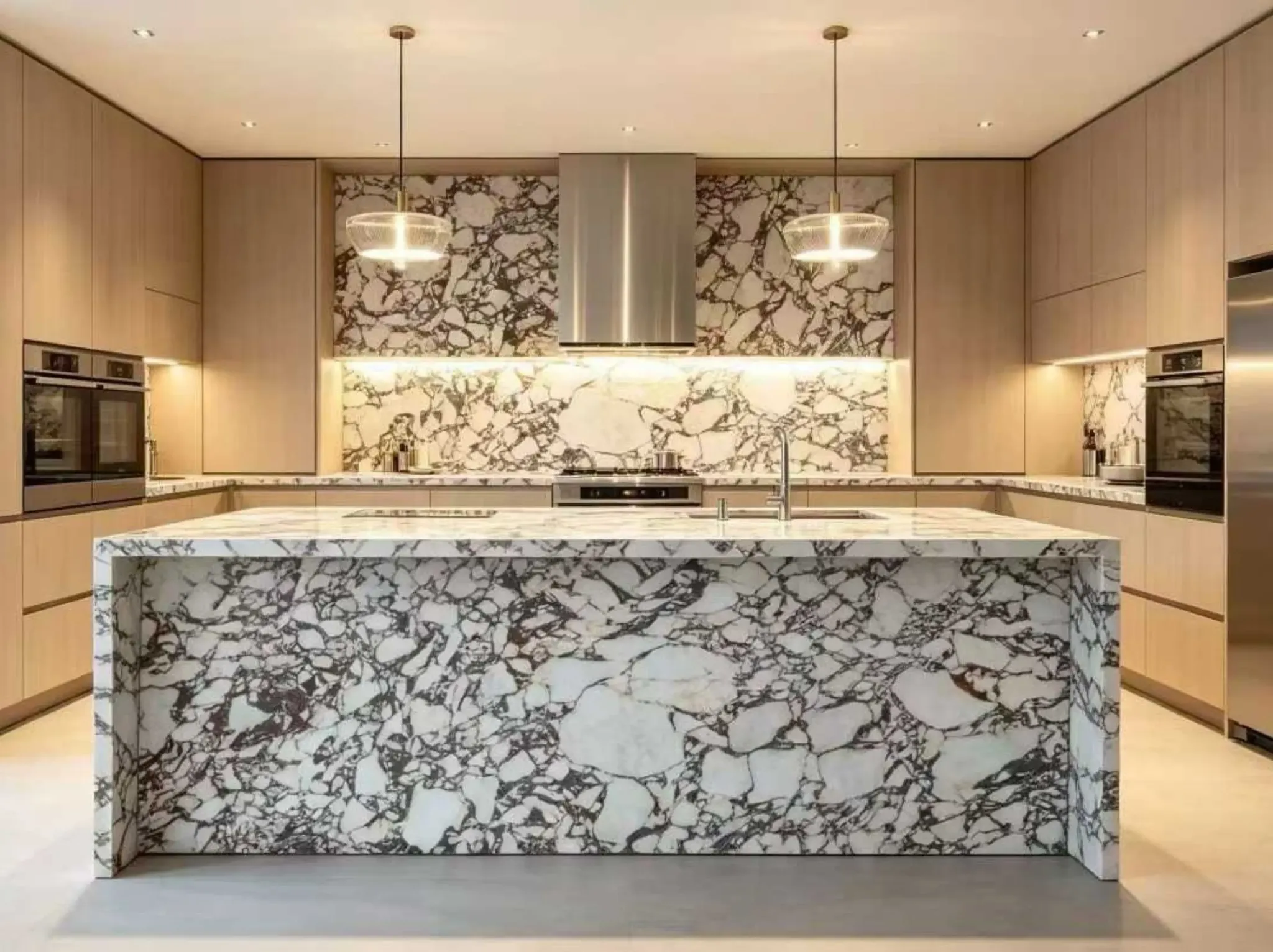 Marbre Breche Violette marble kitchen island and full-height backsplash