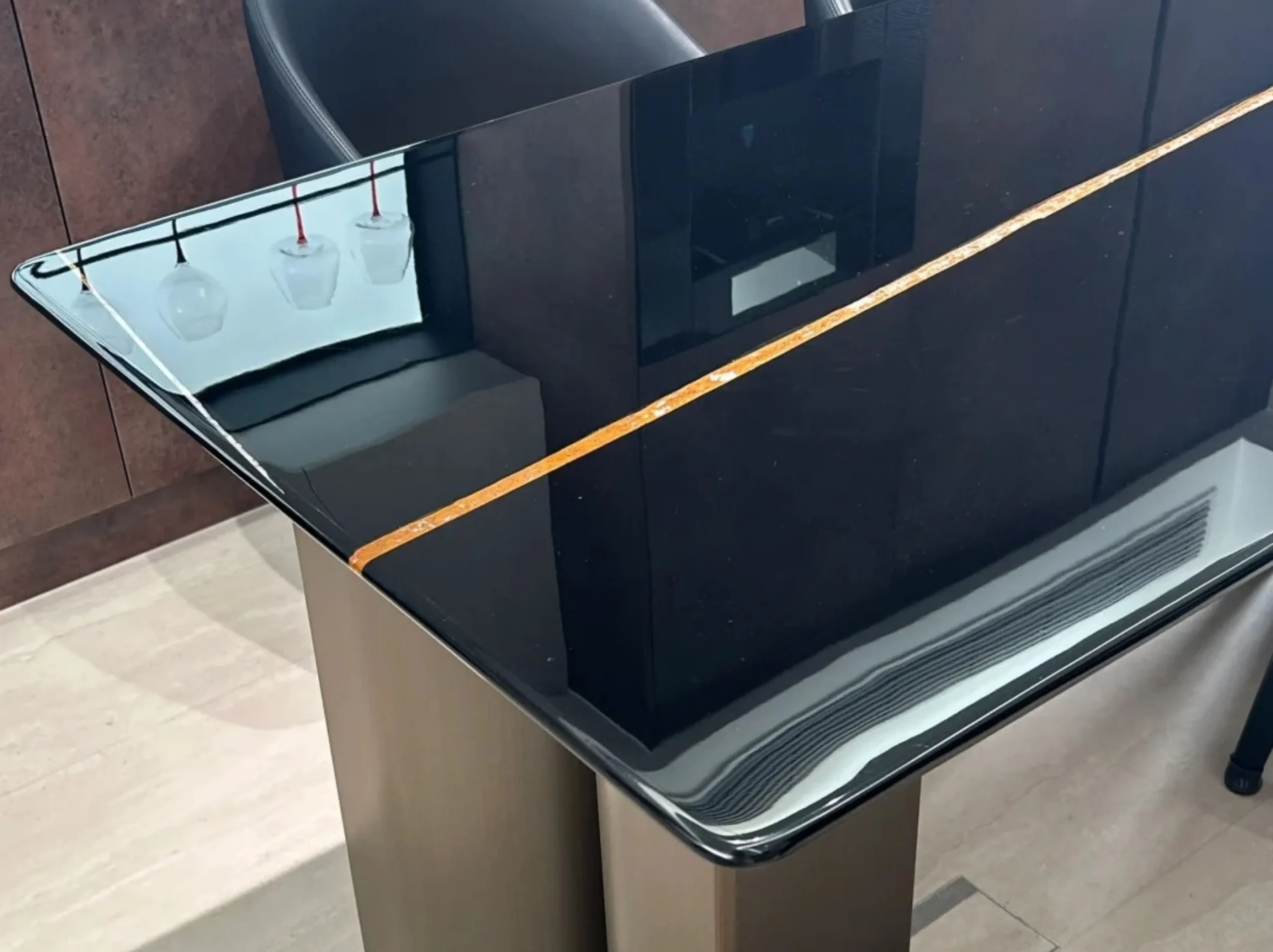 Marbre Noir Gris Aziza Marble dining table top for a luxury interior project