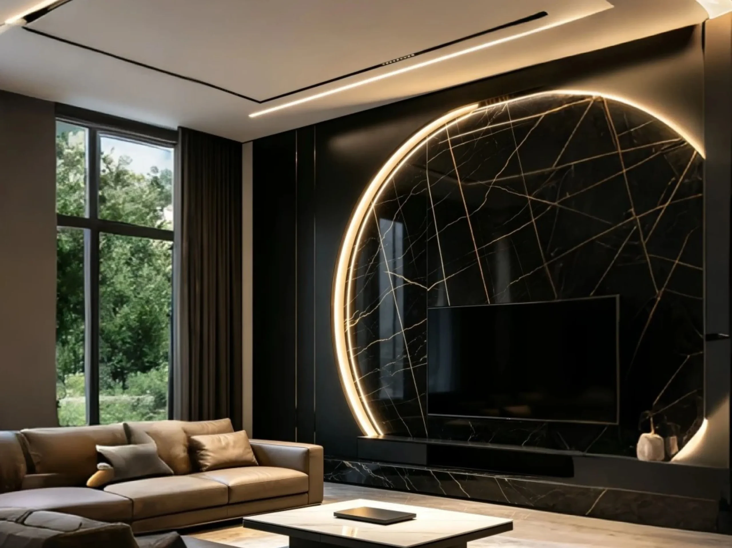 Marbre Noir Gris Aziza Marble living room tv feature wall for a luxury interior project