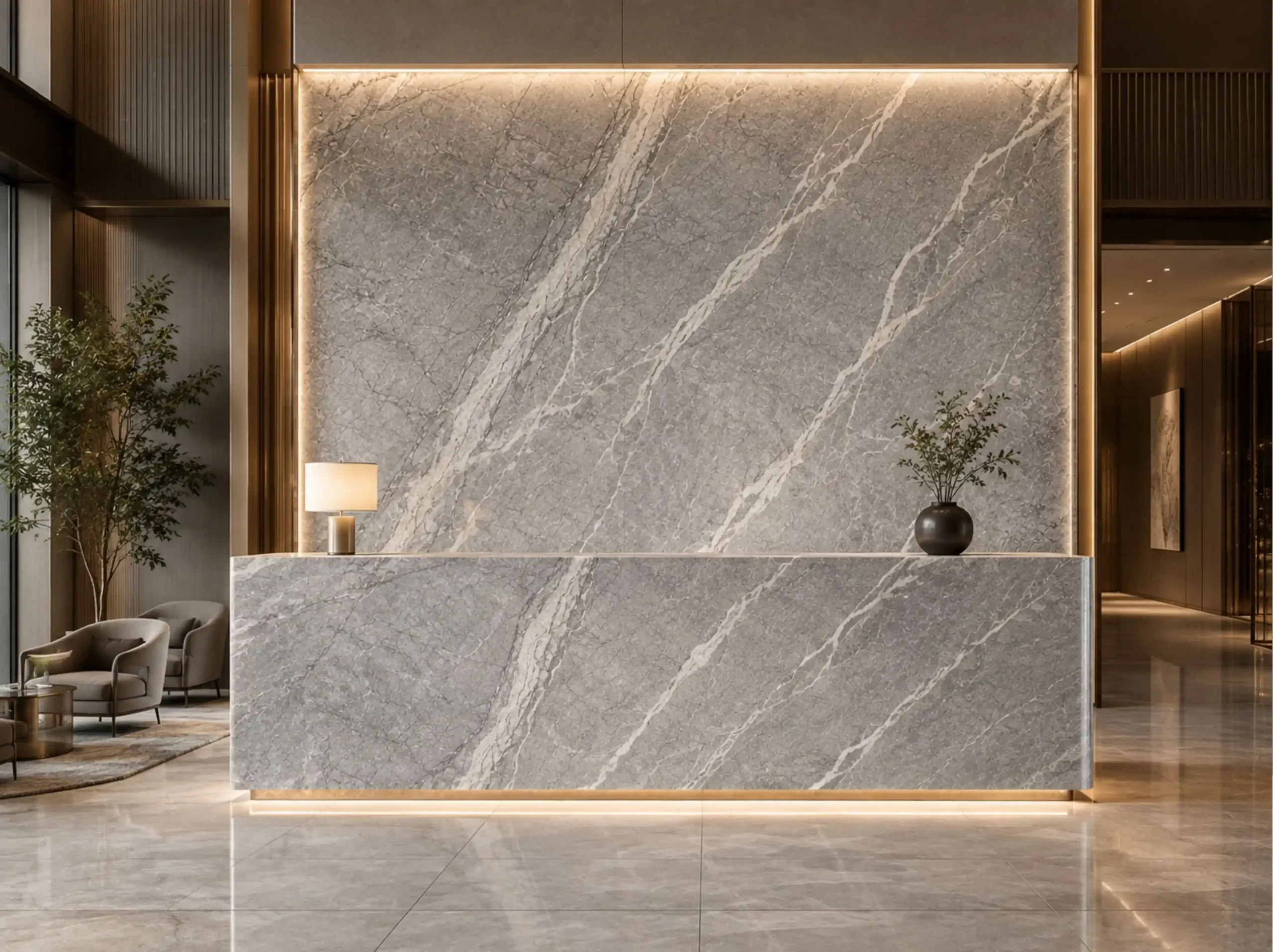 Marmi Etruscan Grigio hotel reception wall for a luxury interior project