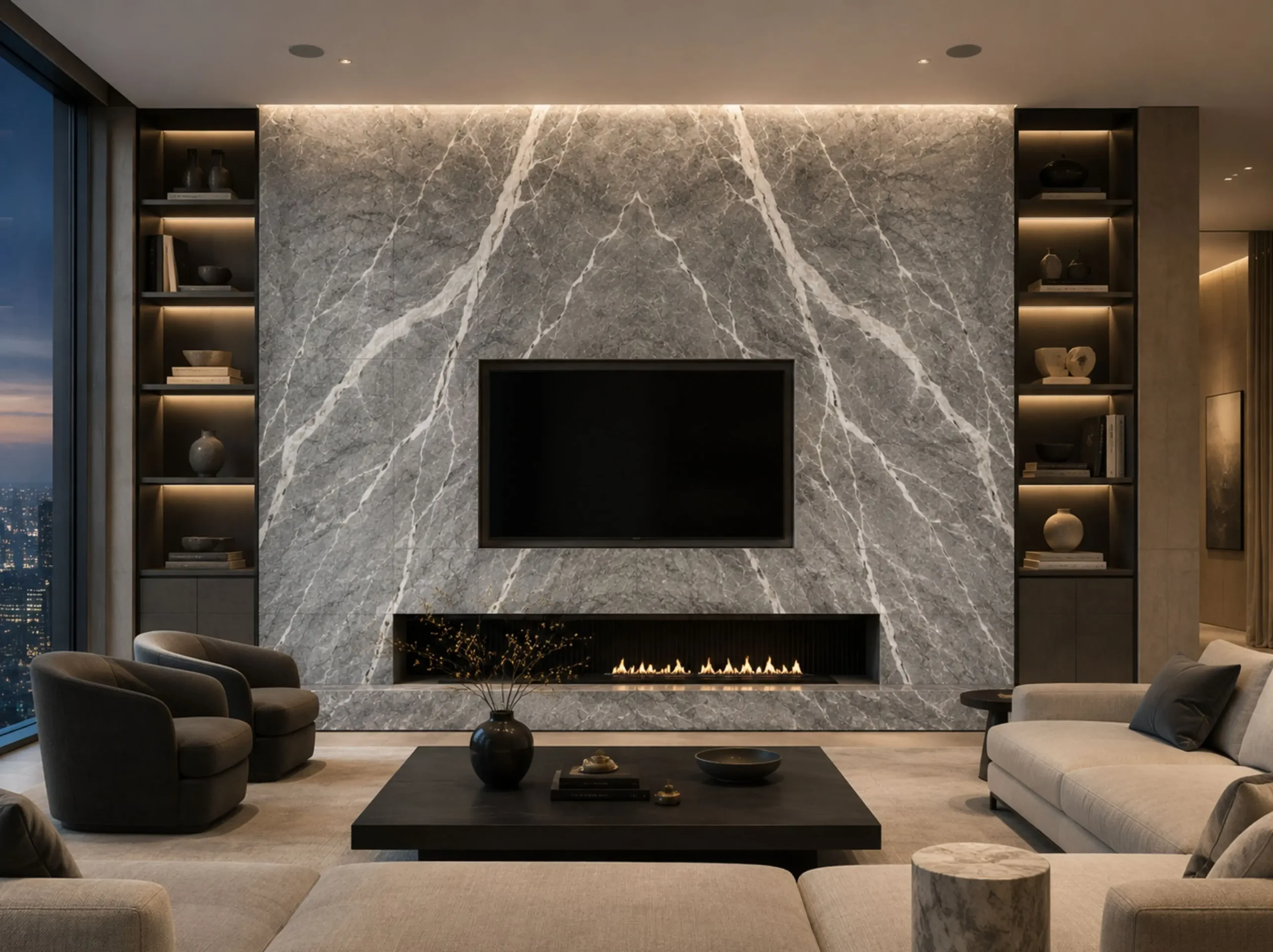 Marmi Etruscan Grigio living room feature wall for a luxury interior project