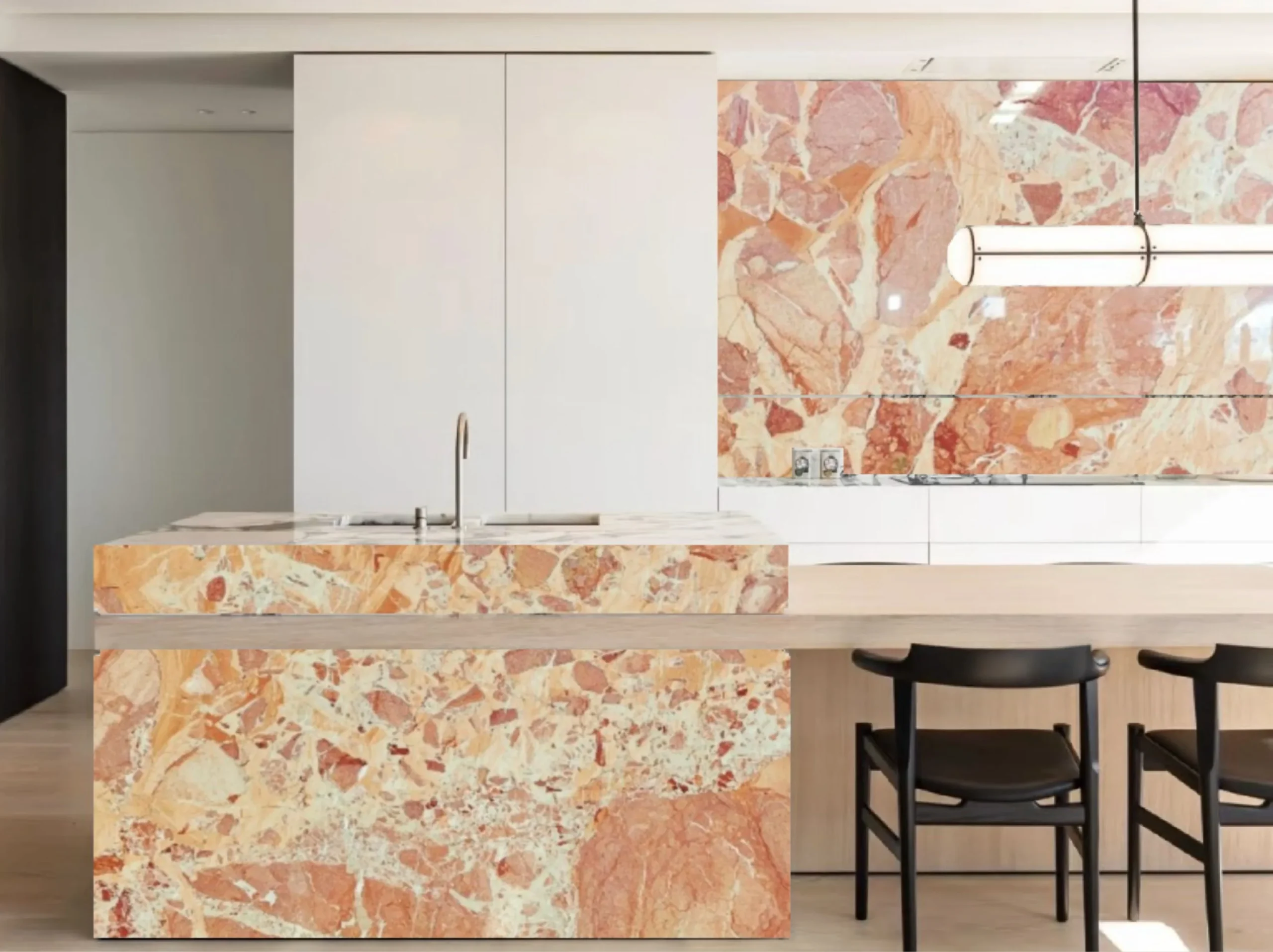 Marmo Brecchia Pernice Scuro kitchen island and backsplash