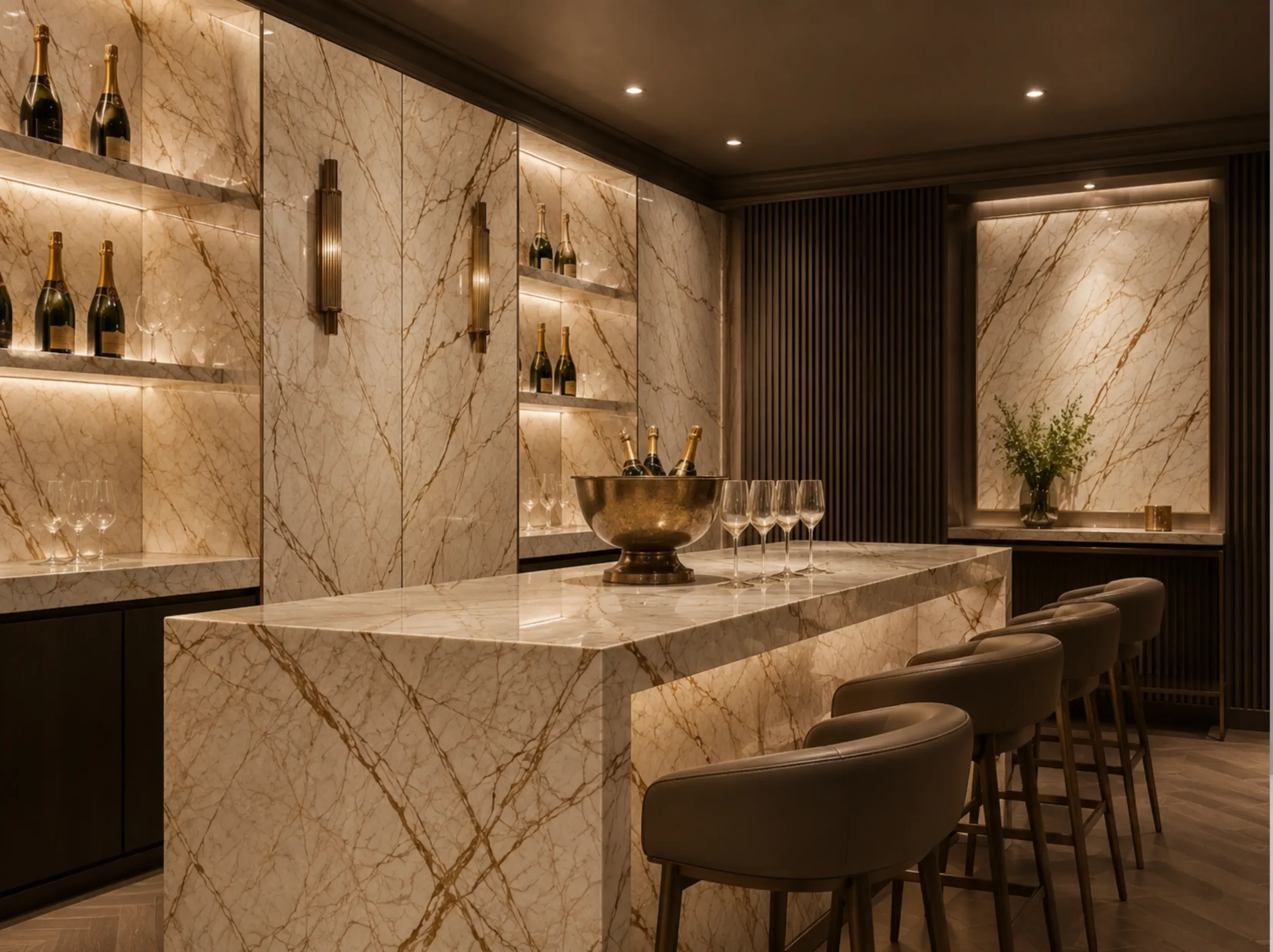 Melisa Jin Marble home bar island and wall for a luxury interior project