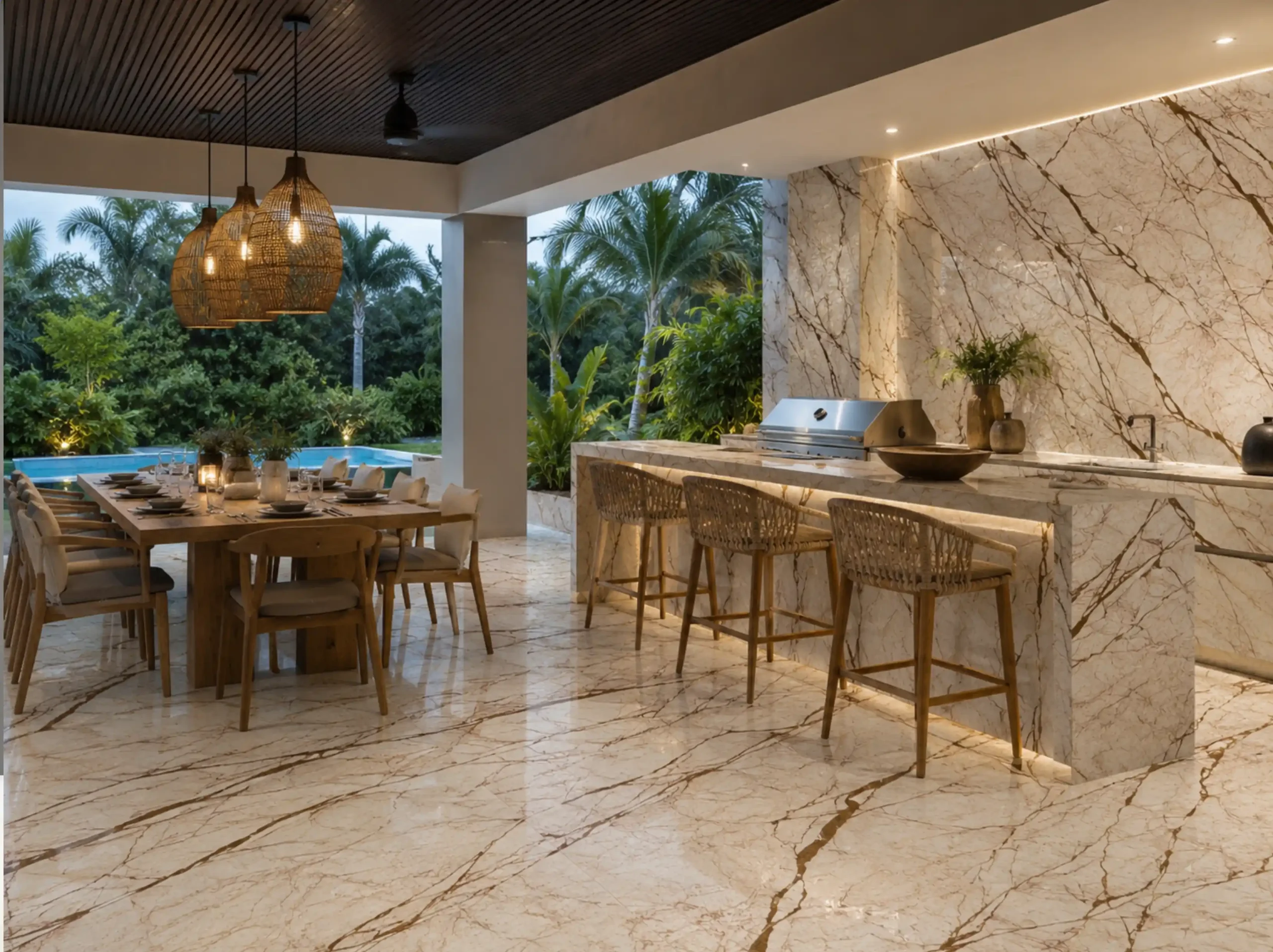Melisa Jin Marble outdoor kitchen and dining area for a luxury interior project