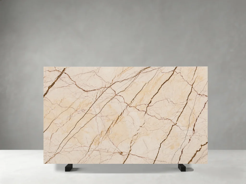 Melisa Jin Marble slab with soft taupe, beige and light grey tones with flowing linear veins and cloudy mineral fields