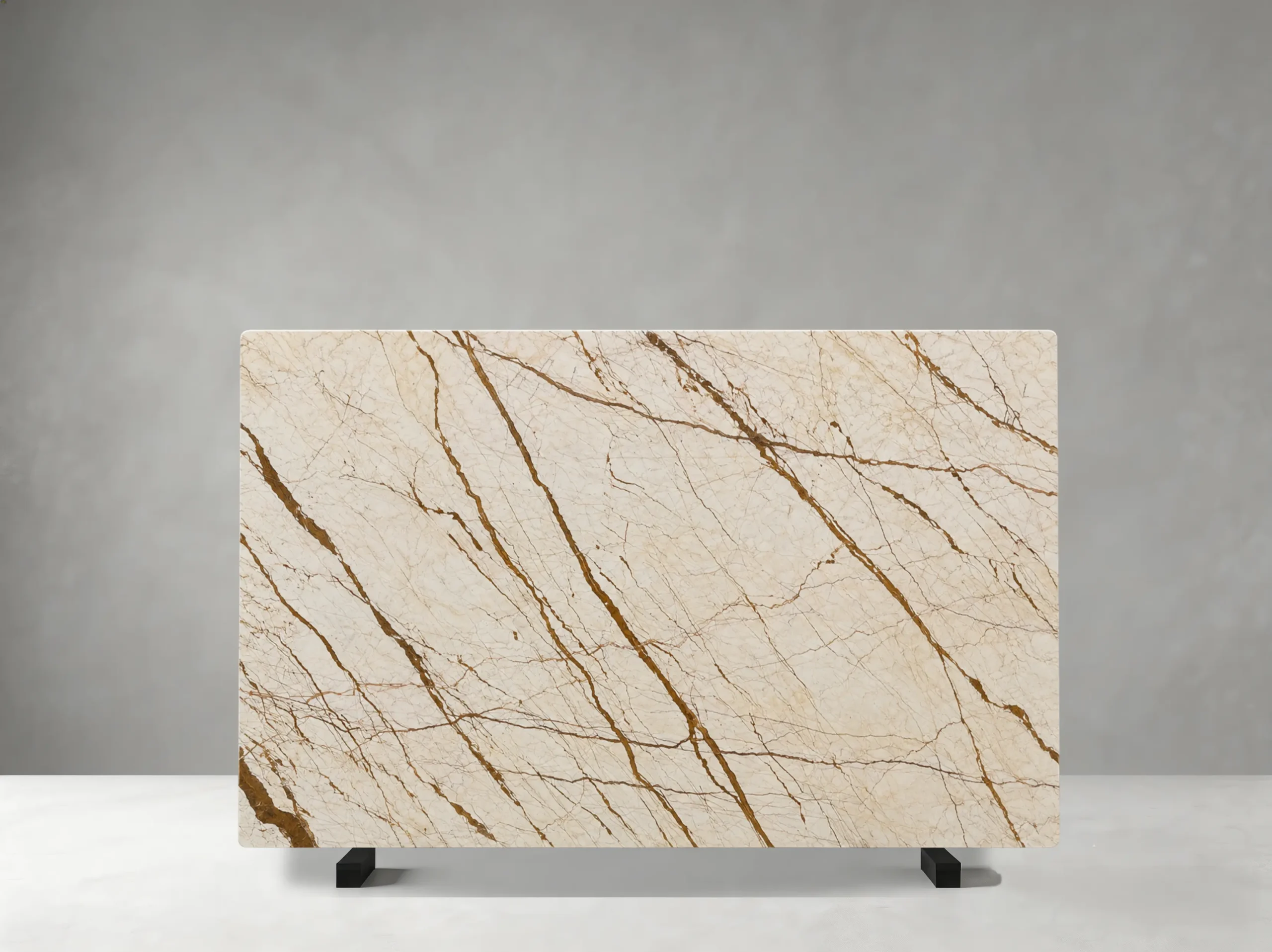 Melisa Jin Marble full slab showing soft taupe, beige and light grey tones with flowing linear veins and cloudy mineral fields