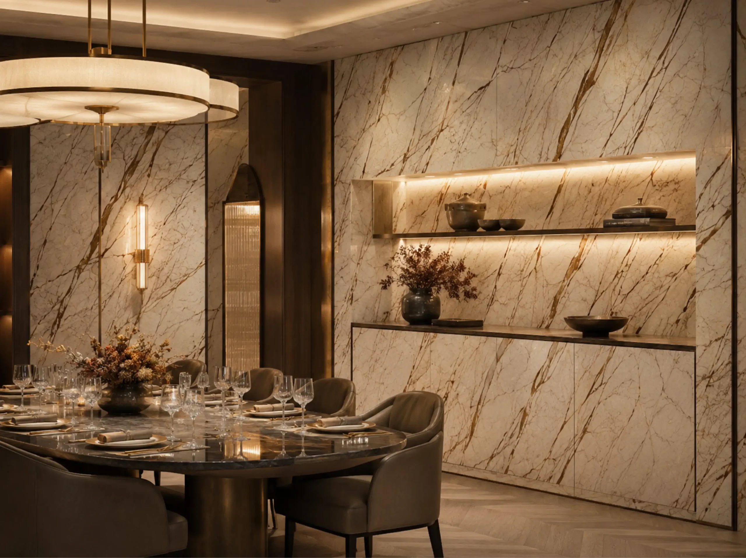 Menes Gold Marble dining room feature wall for a luxury interior project