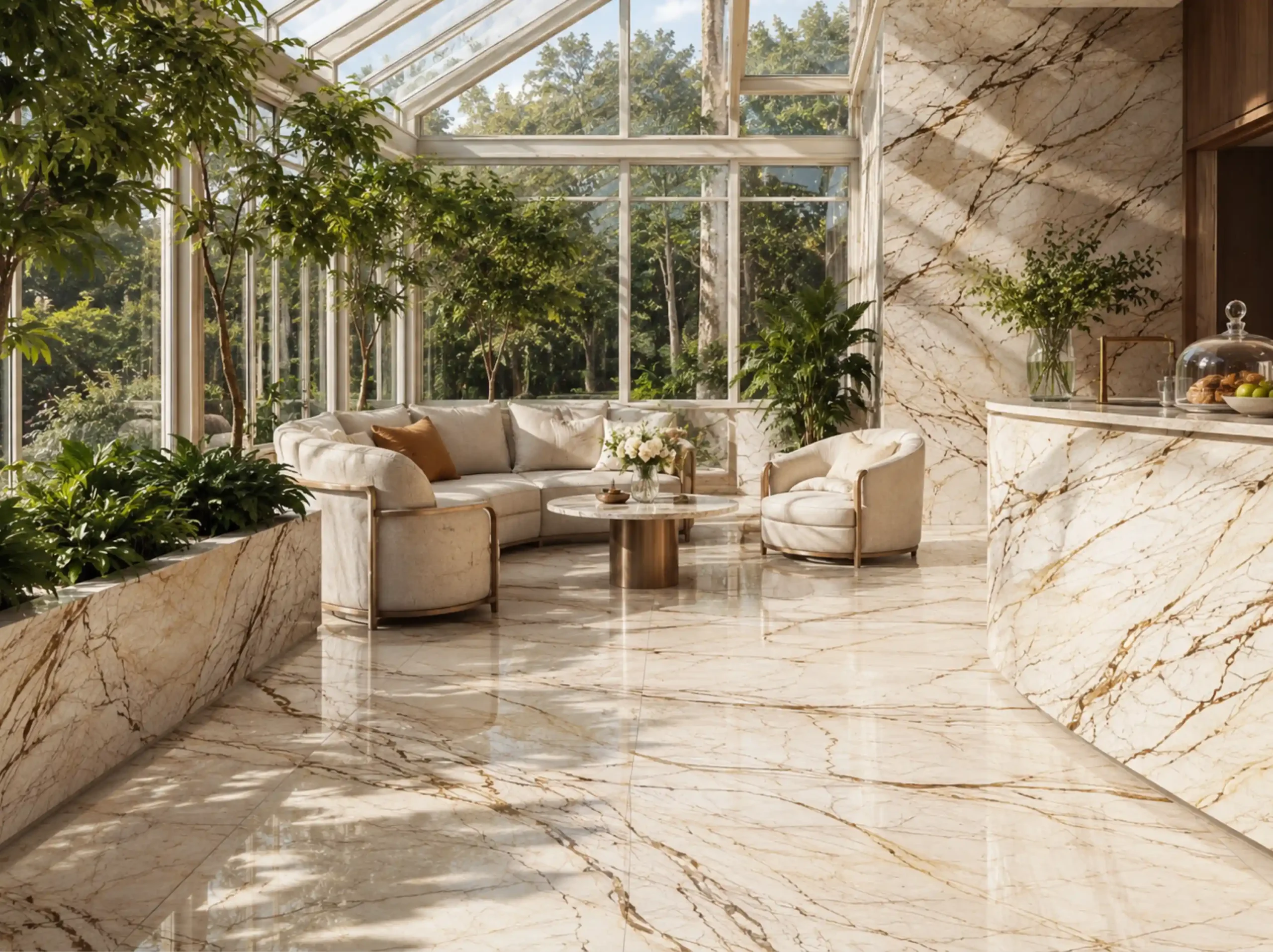 Menes Gold Marble sunroom lounge wall and floor for a luxury interior project