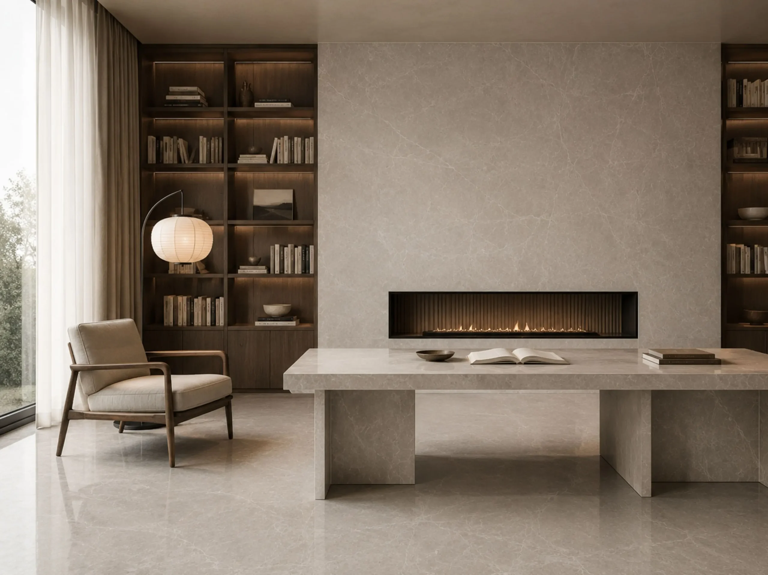 Milan Grey Marble used for home library fireplace and table